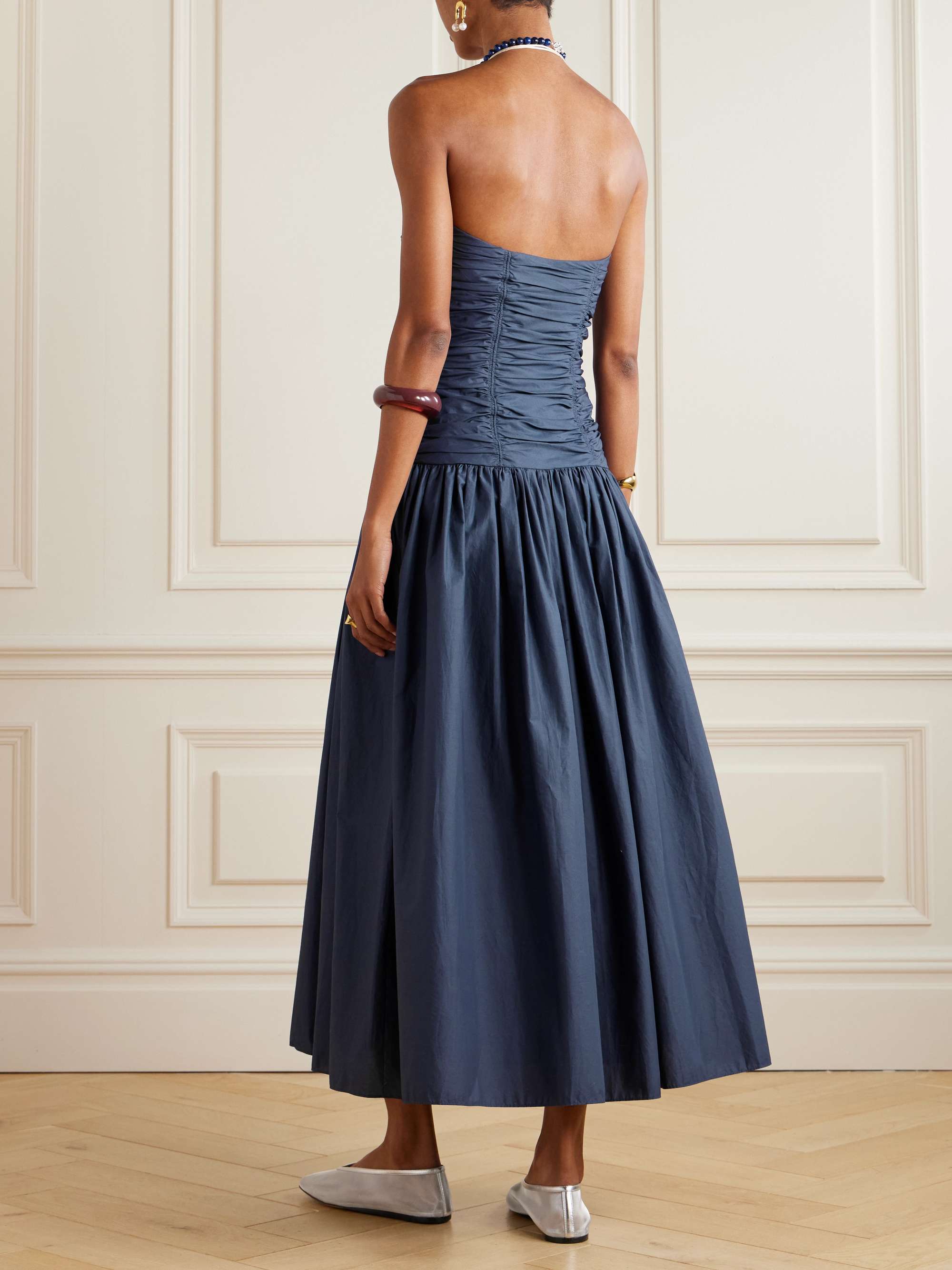 Strapless ruched organic cotton-poplin midi dress view