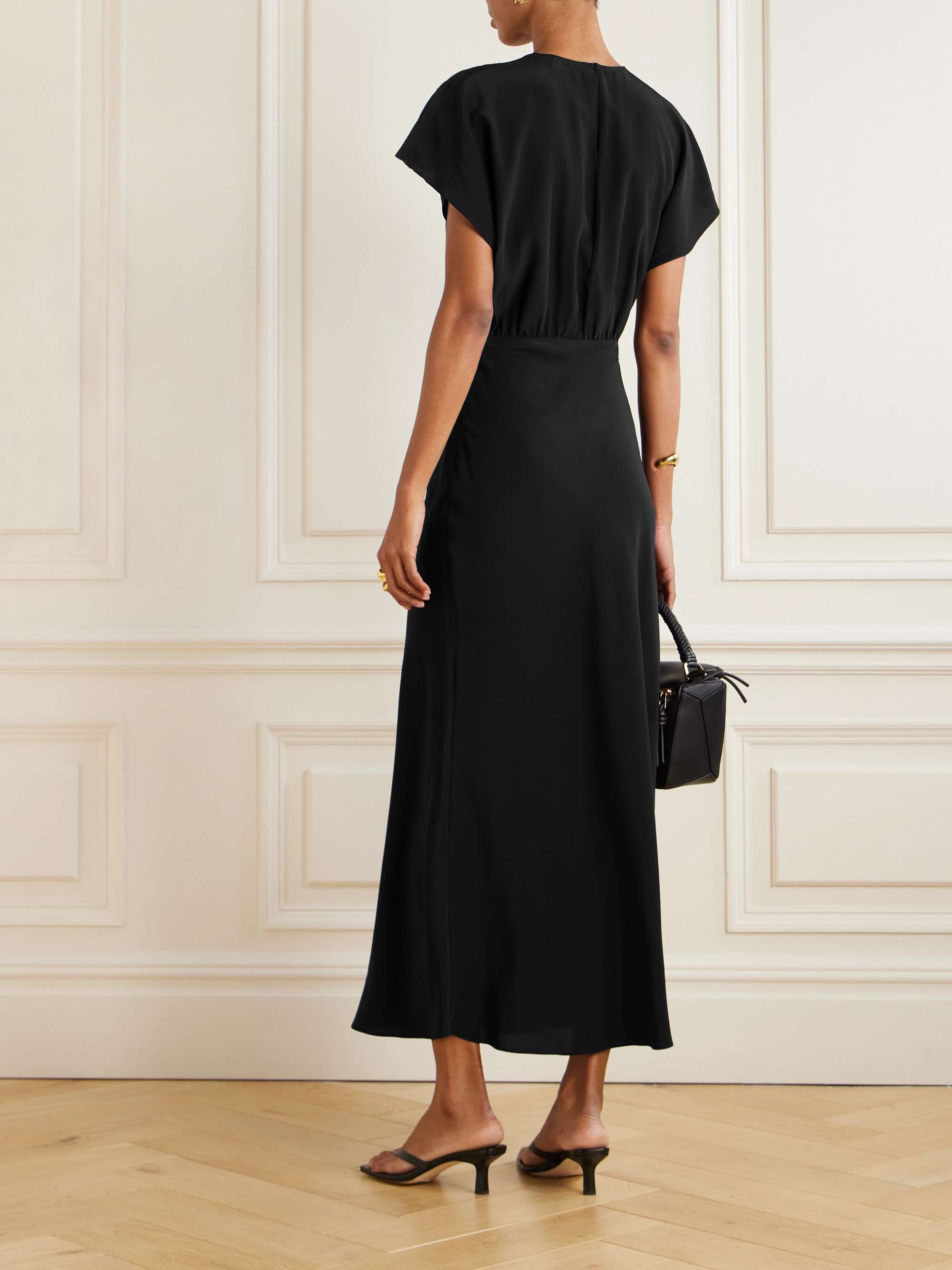 Gathered silk crepe de chine maxi dress view