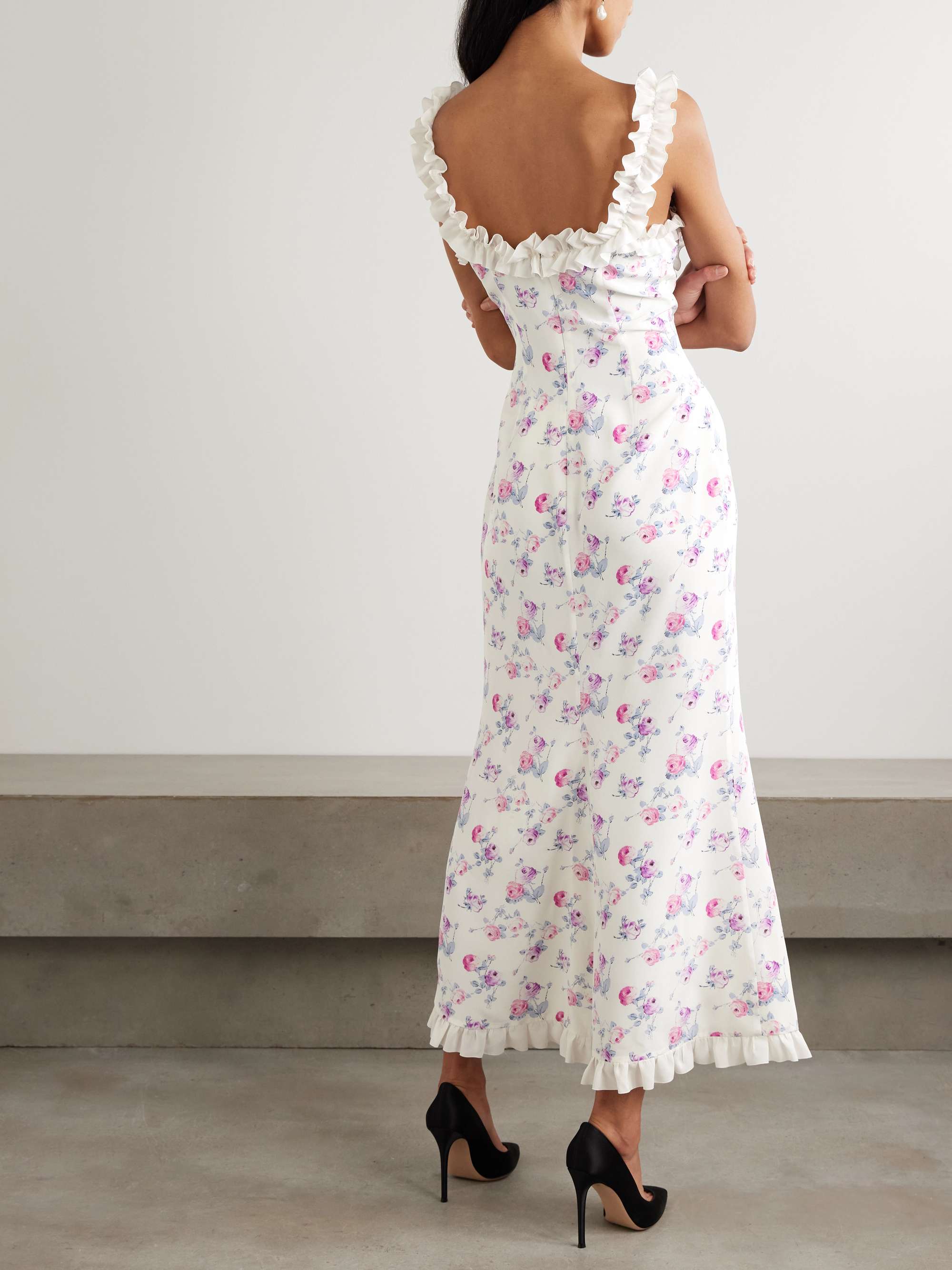 Bow-detailed taffeta-trimmed ruffled floral-print silk crepe de chine midi dress view