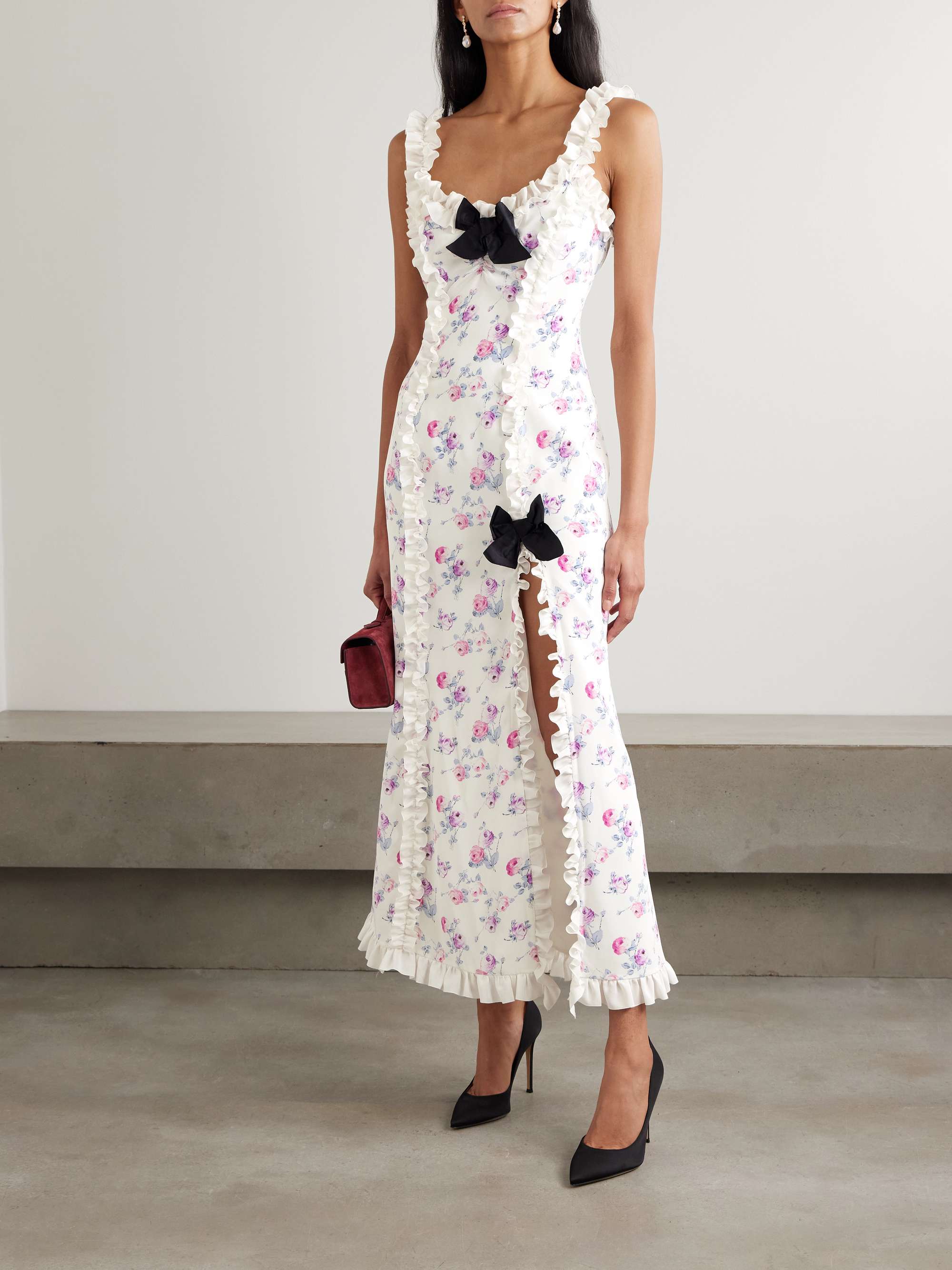 Bow-detailed taffeta-trimmed ruffled floral-print silk crepe de chine midi dress view
