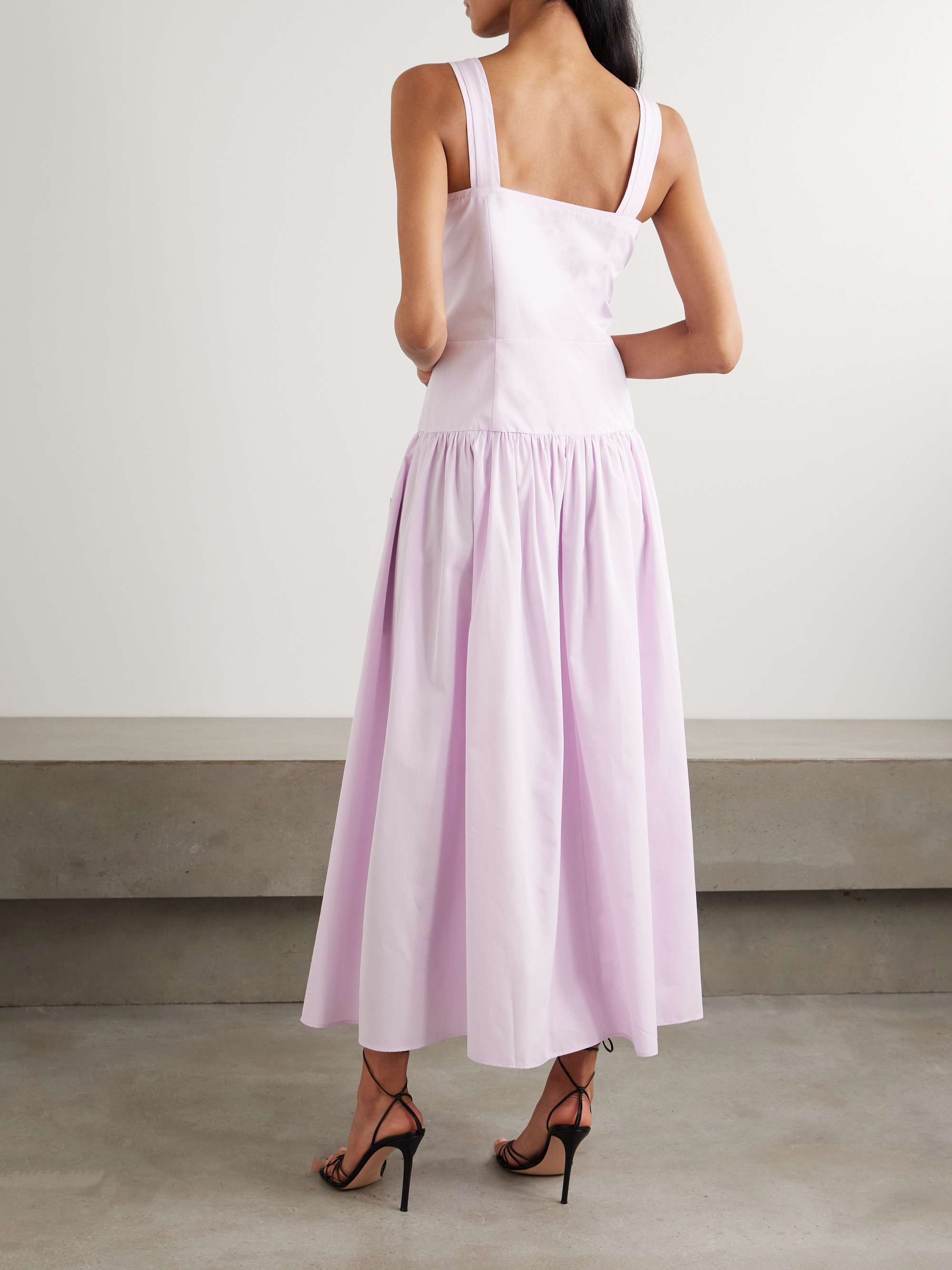 Bow-detailed velvet-trimmed gathered cotton-poplin midi dress view