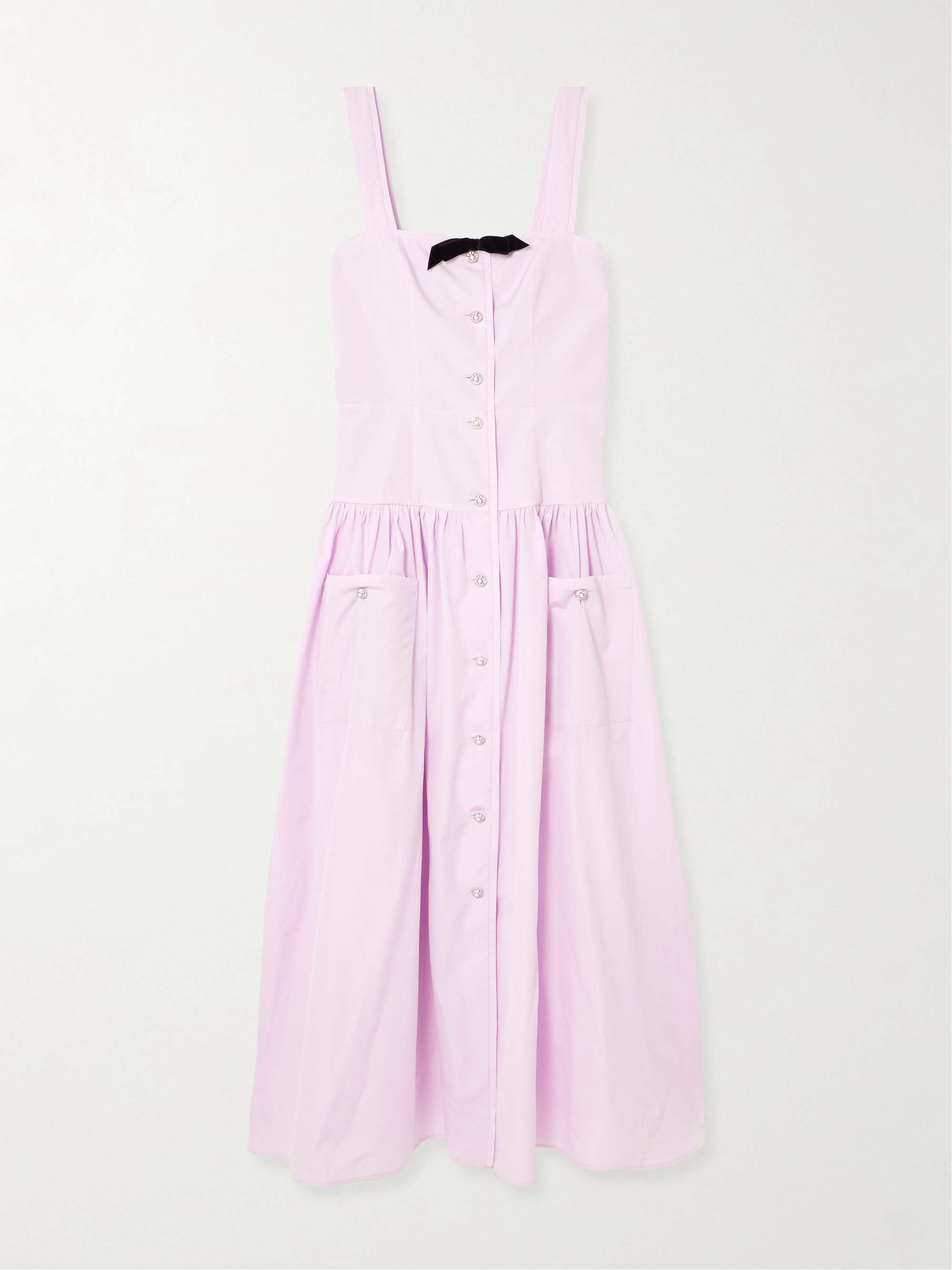 Bow-detailed velvet-trimmed gathered cotton-poplin midi dress view
