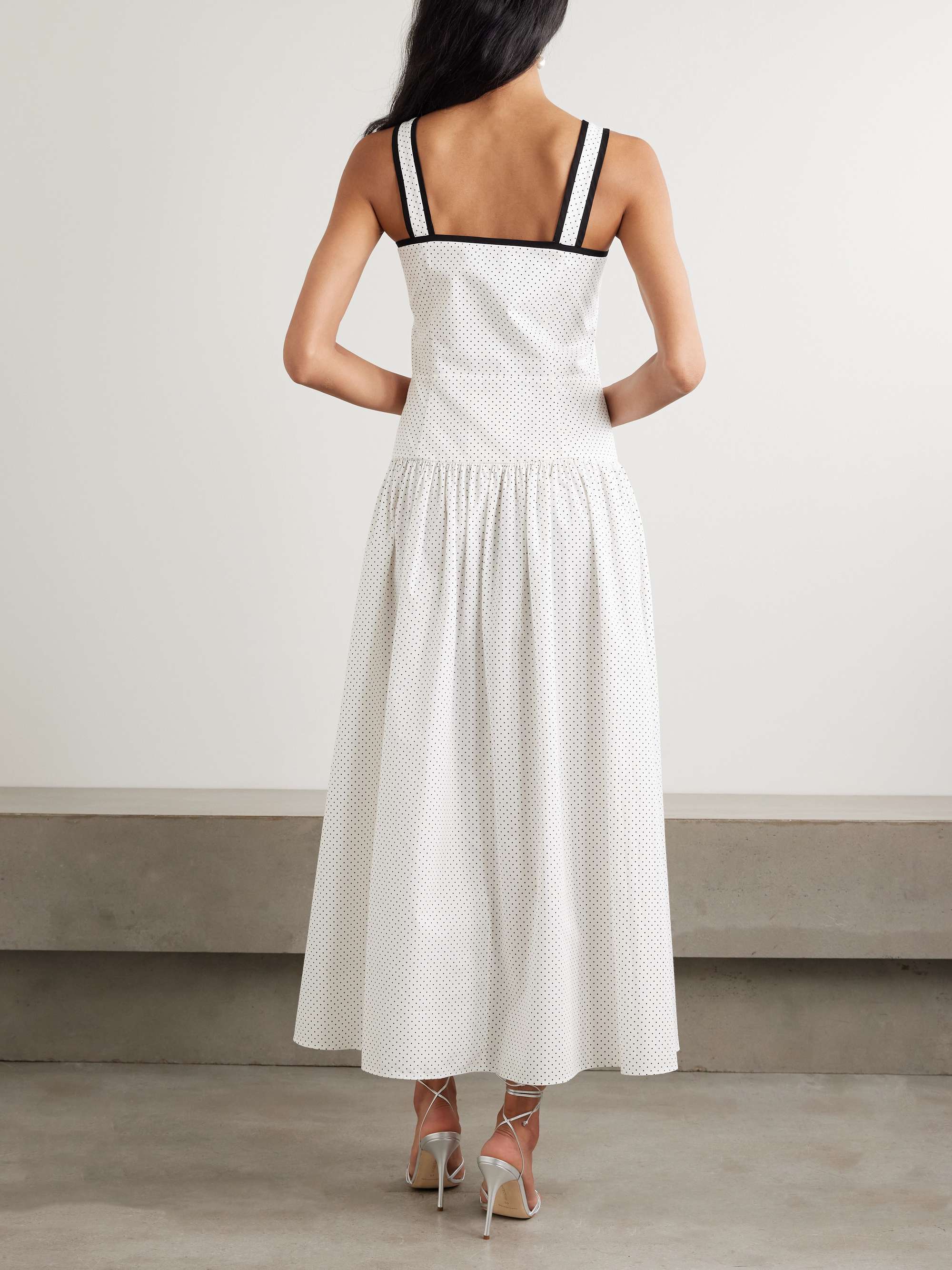 Bow-detailed velvet-trimmed gathered printed cotton-poplin midi dress view