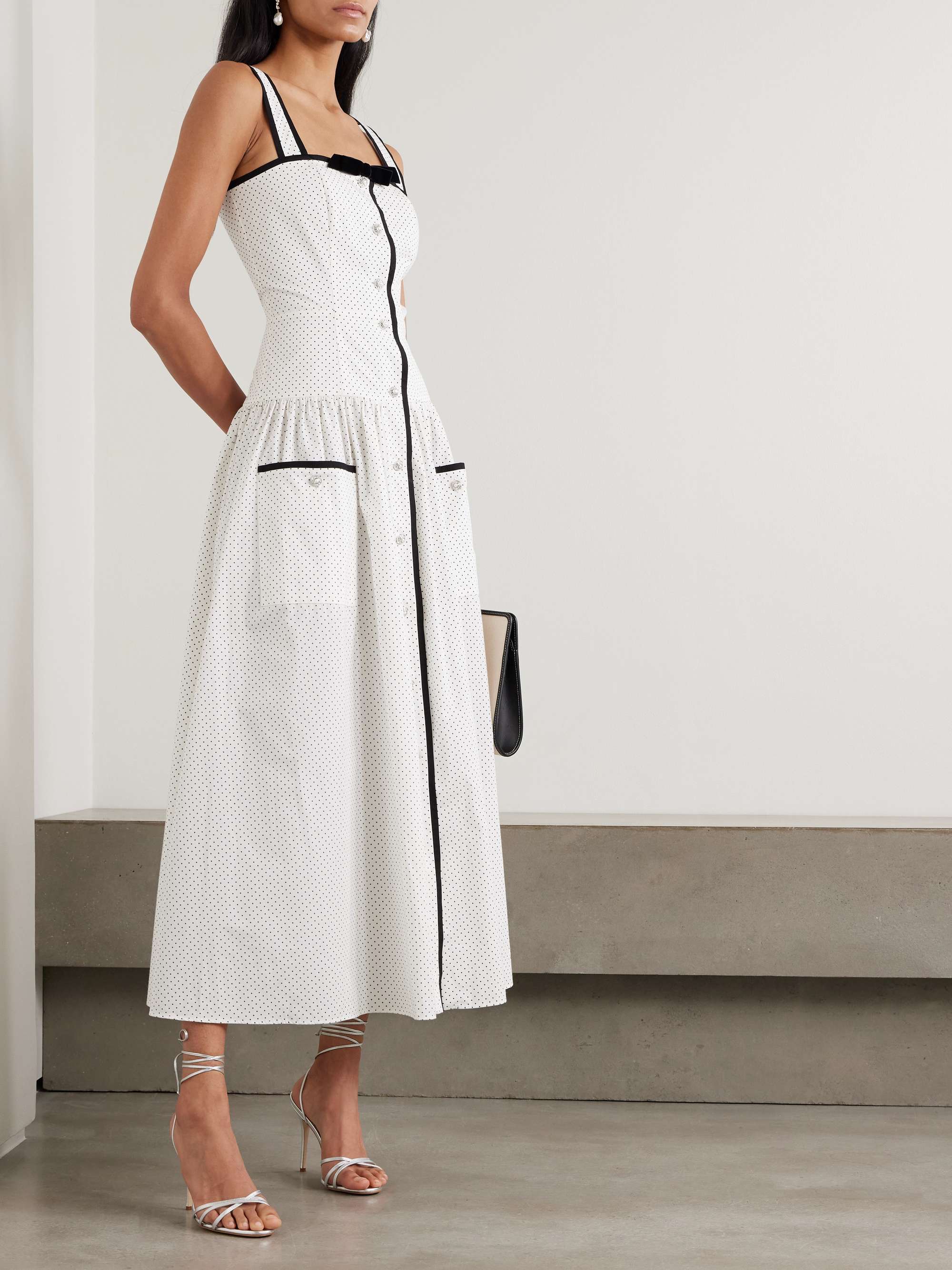 Bow-detailed velvet-trimmed gathered printed cotton-poplin midi dress view