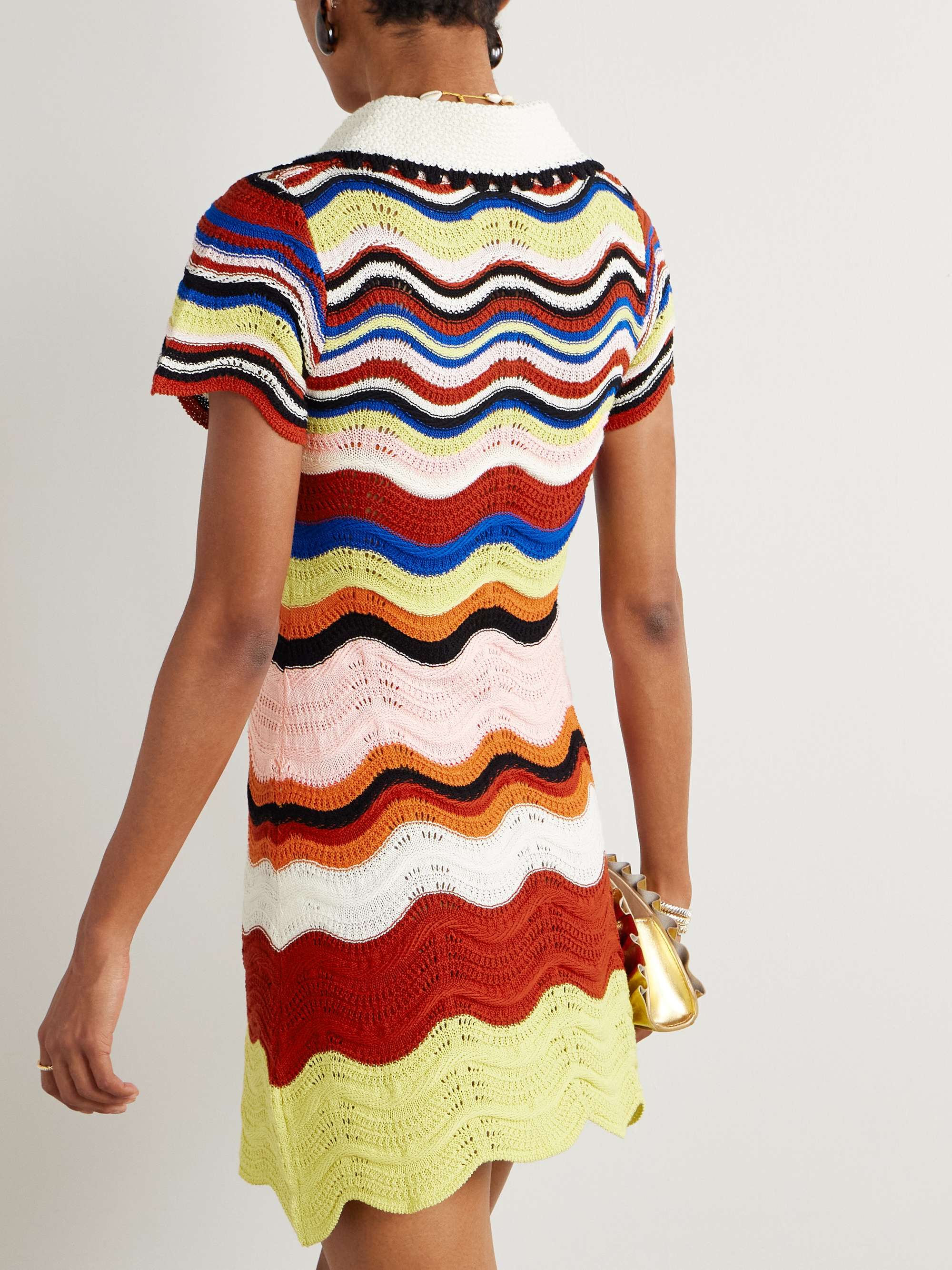 Scalloped striped pointelle-knit cotton mini dress view