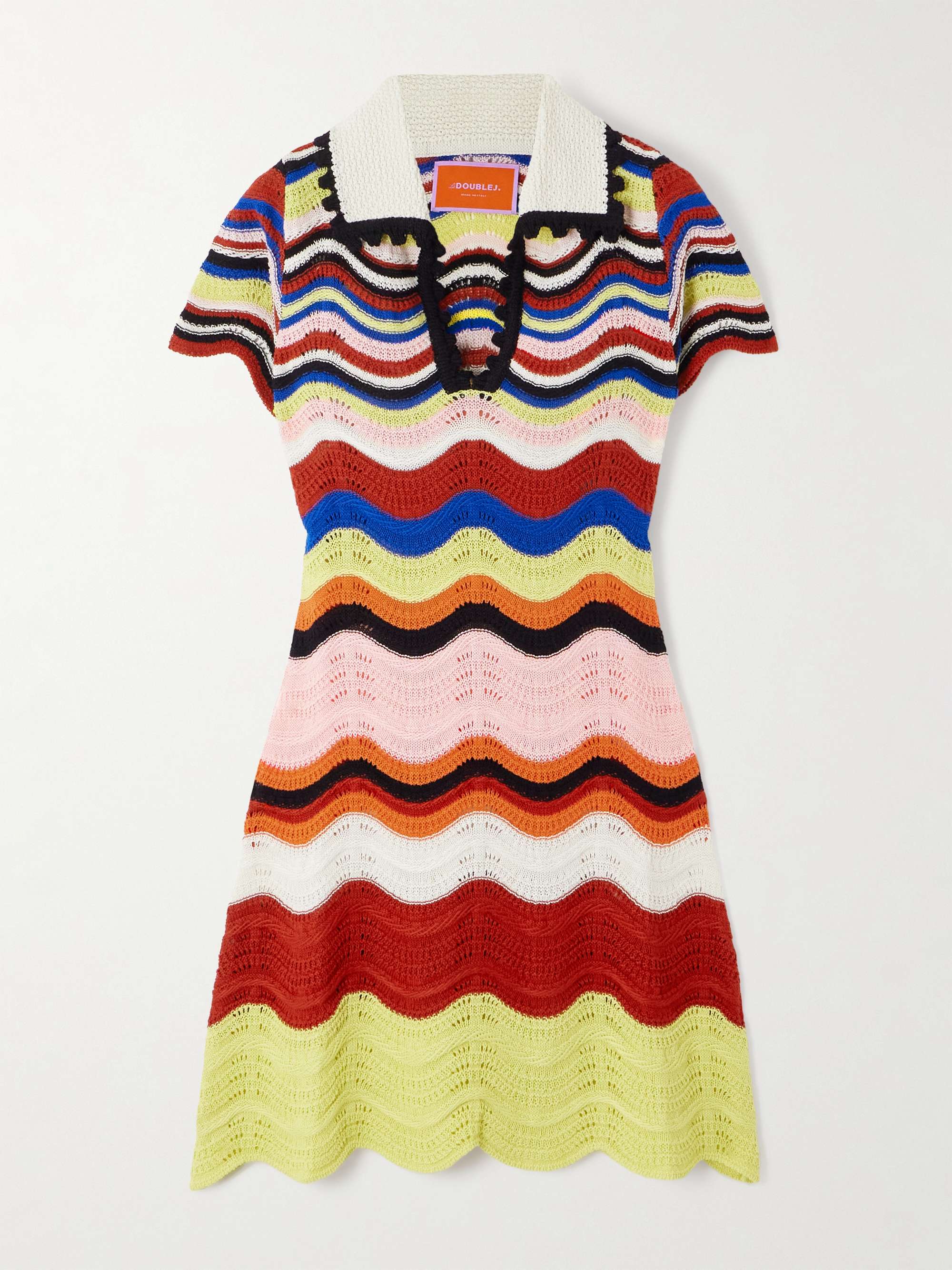 Scalloped striped pointelle-knit cotton mini dress view