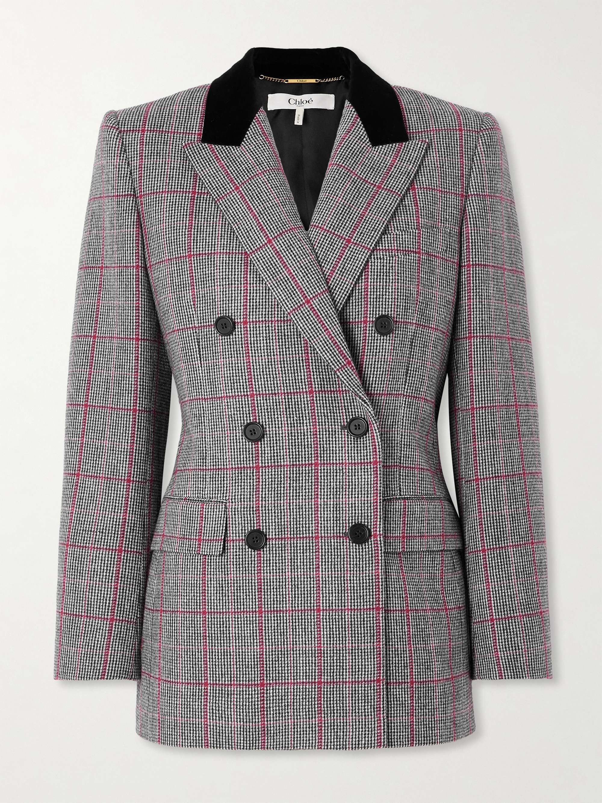 Double-breasted velvet-trimmed checked wool blazer view