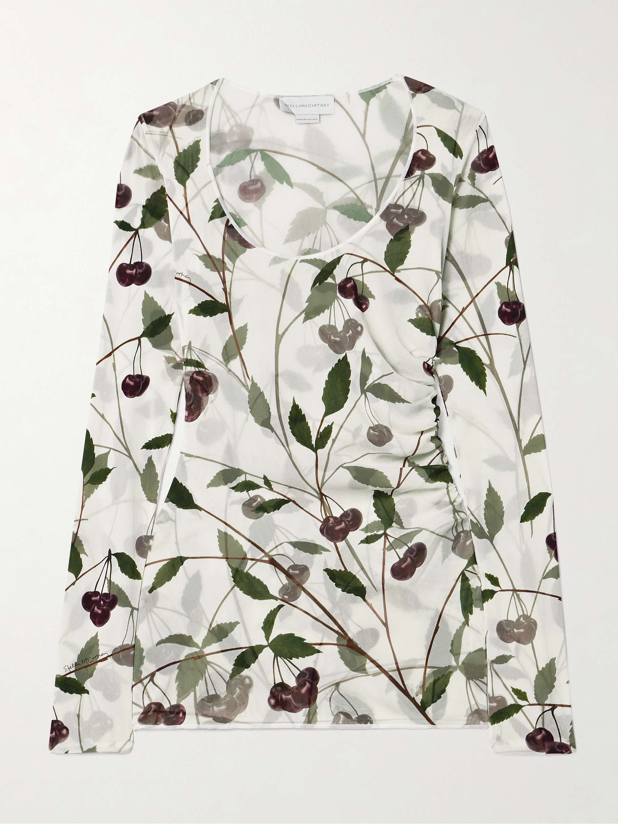 Ruched printed stretch-mesh top view