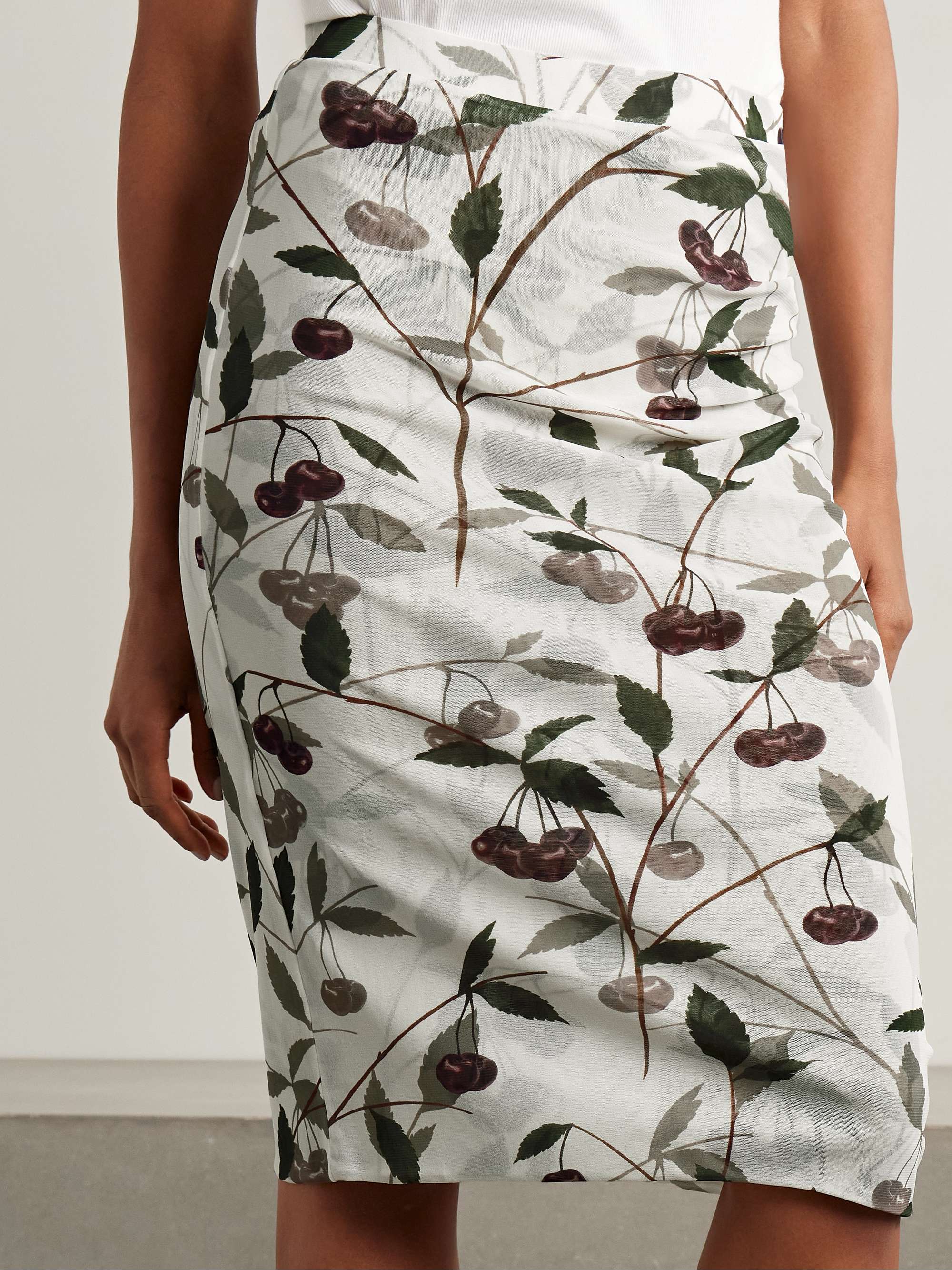 Ruched printed stretch-mesh midi skirt view
