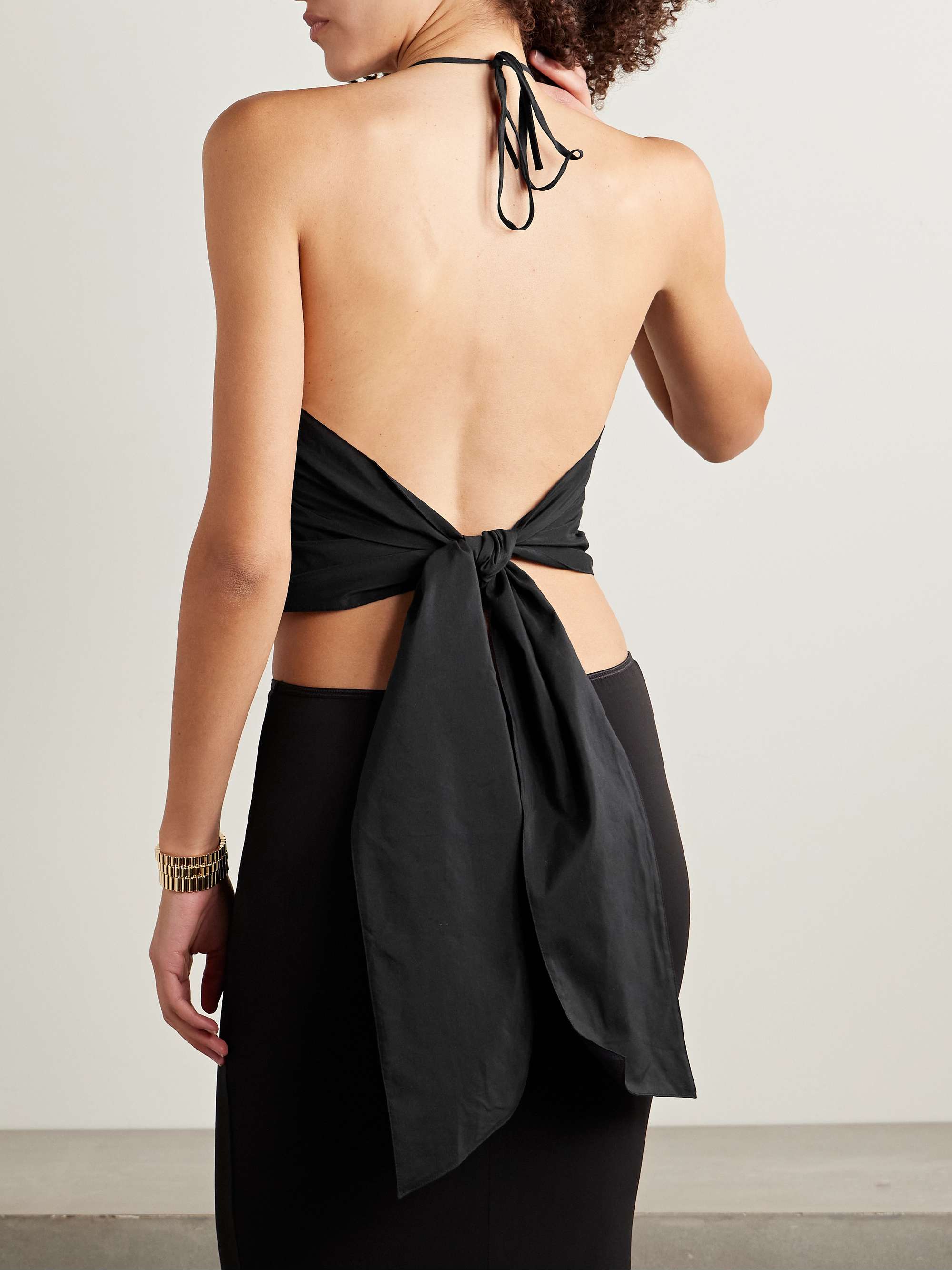 Cropped cotton and silk-blend halterneck top view