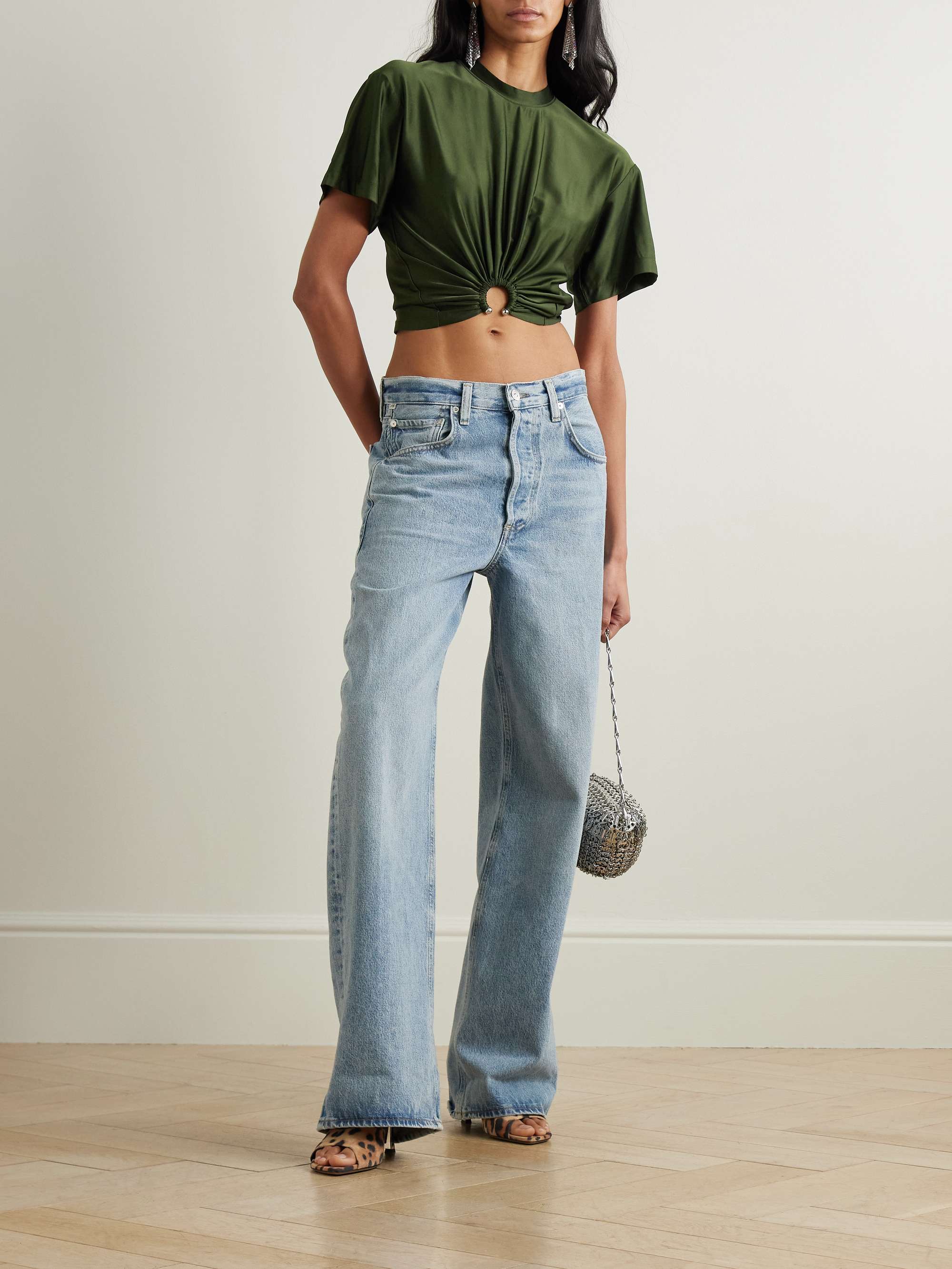 Embellished gathered satin-jersey T-shirt view