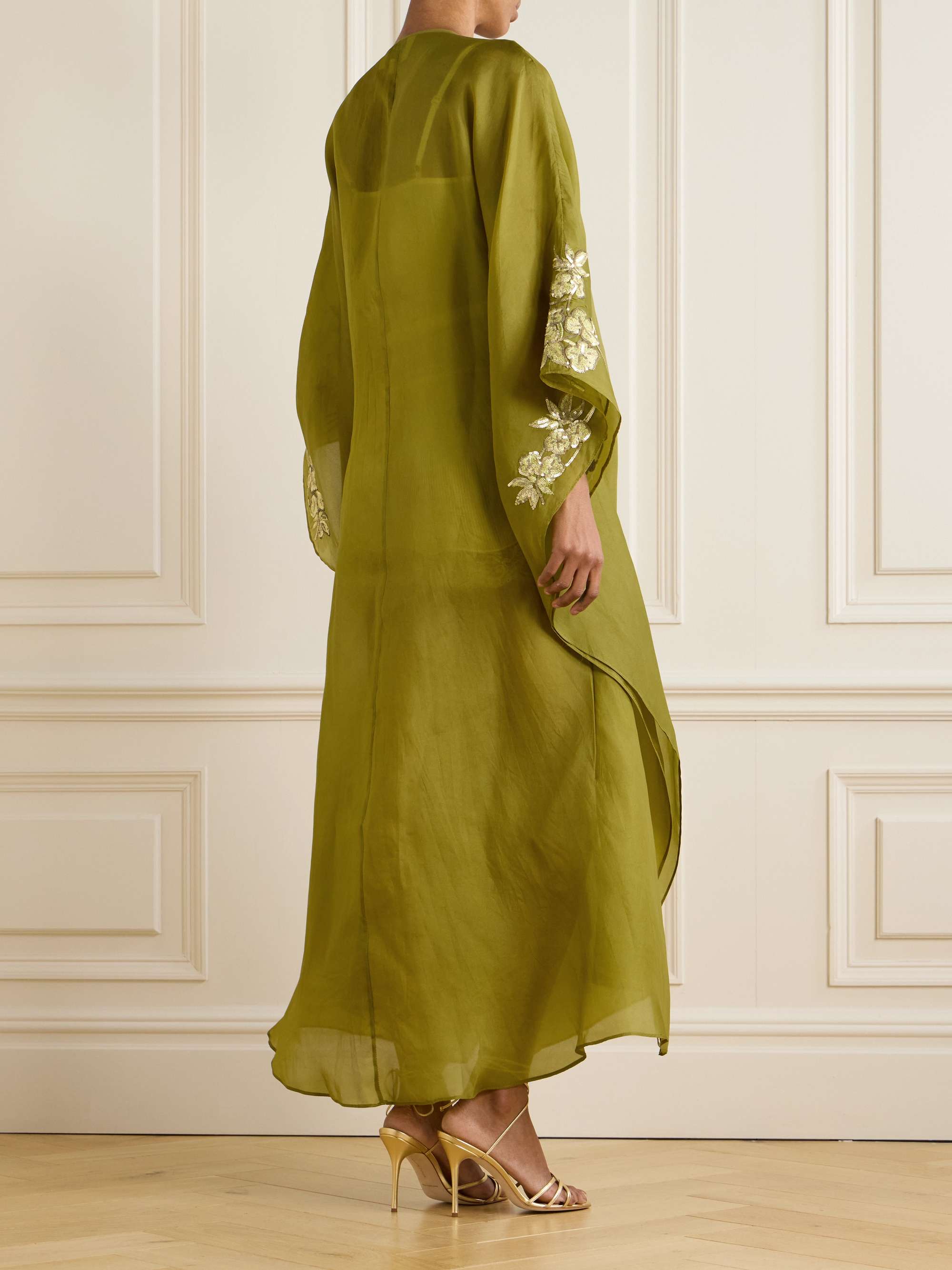 Sequin-embellished embroidered organic silk wrap gown view