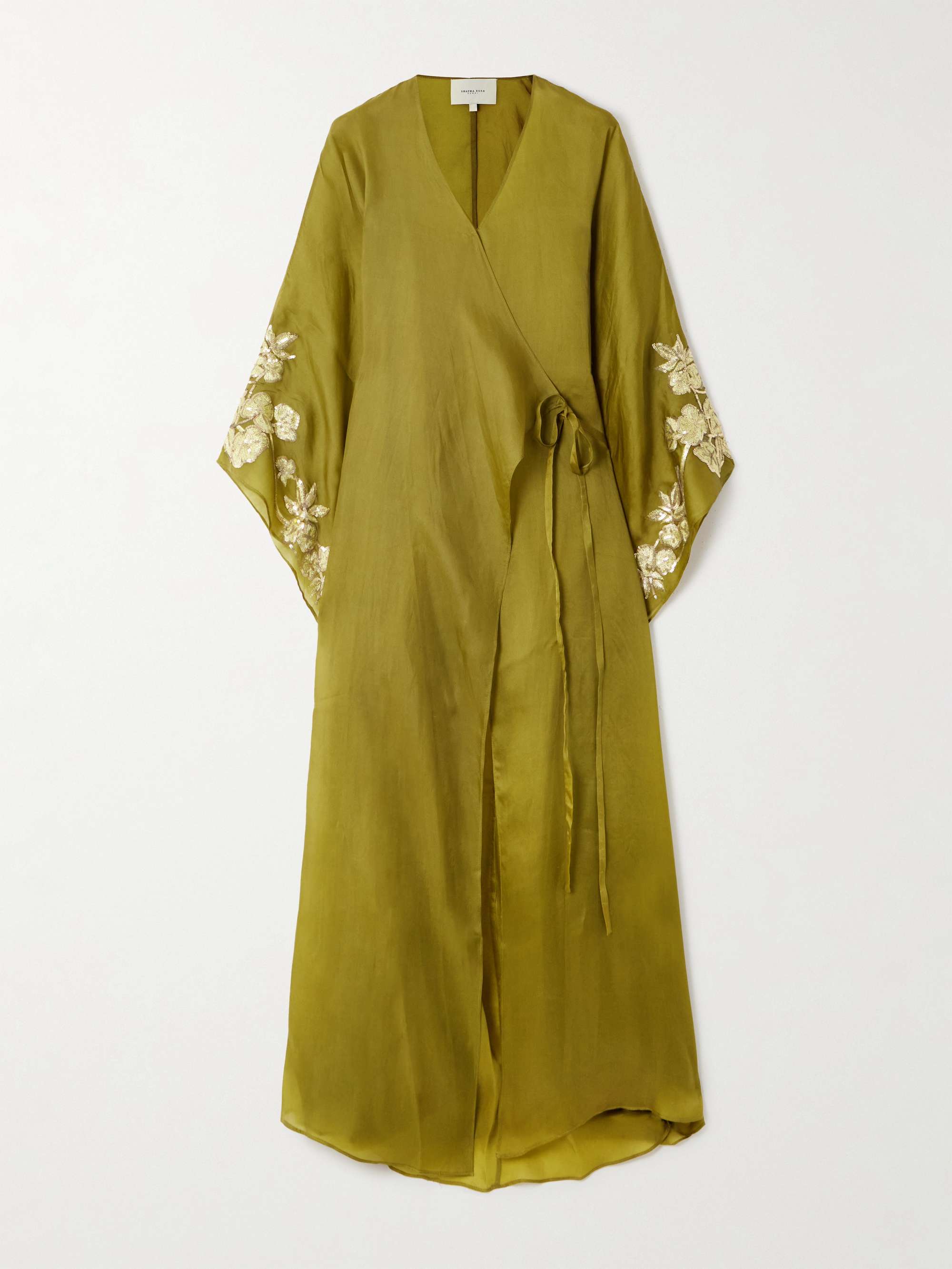 Sequin-embellished embroidered organic silk wrap gown view