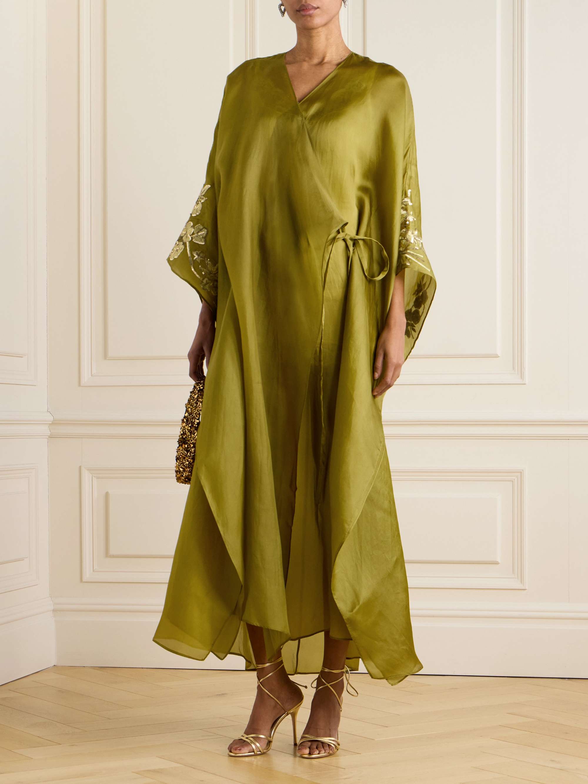 Sequin-embellished embroidered organic silk wrap gown view