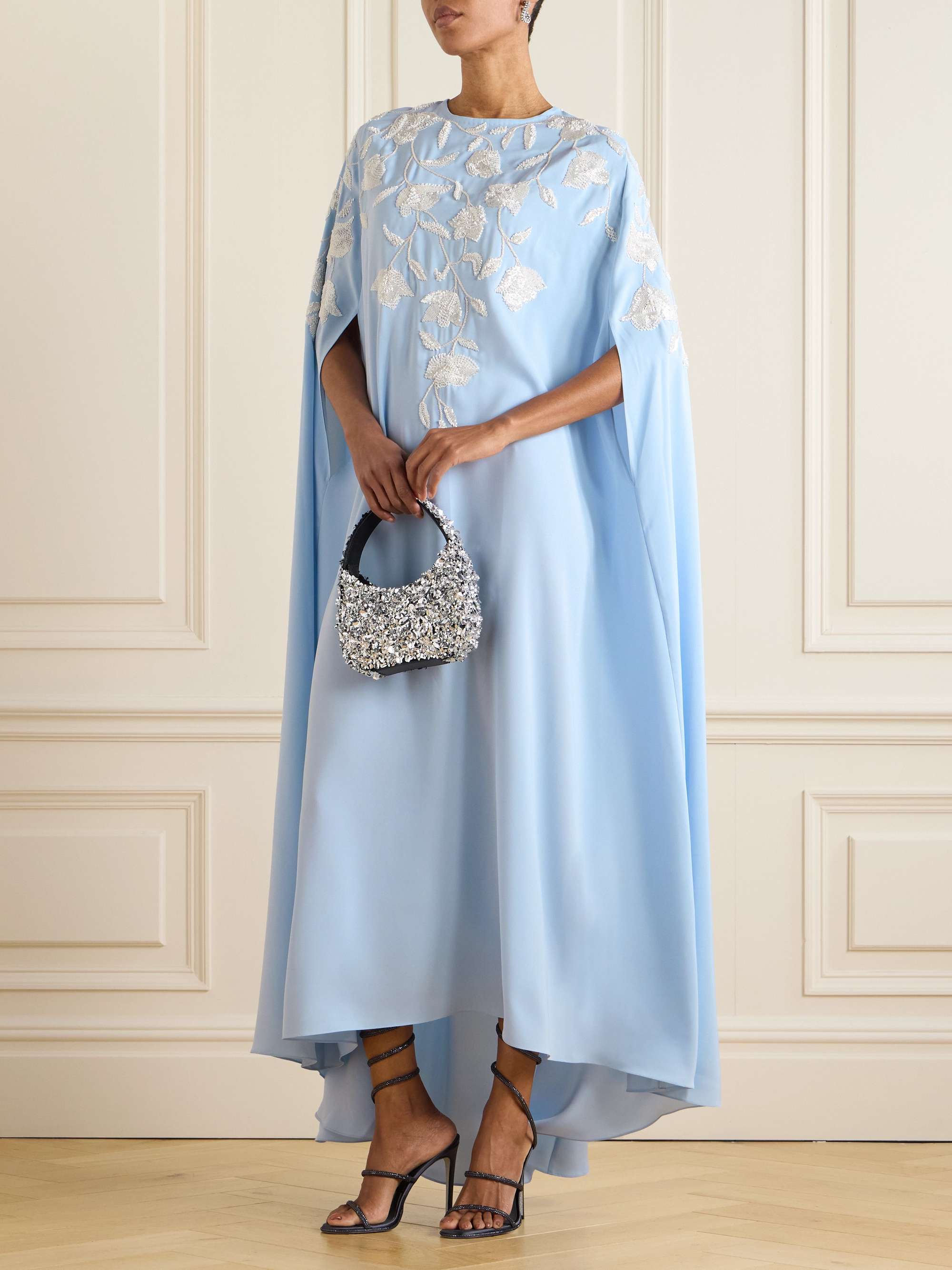 Bead-embellished cape-effect crepe gown view