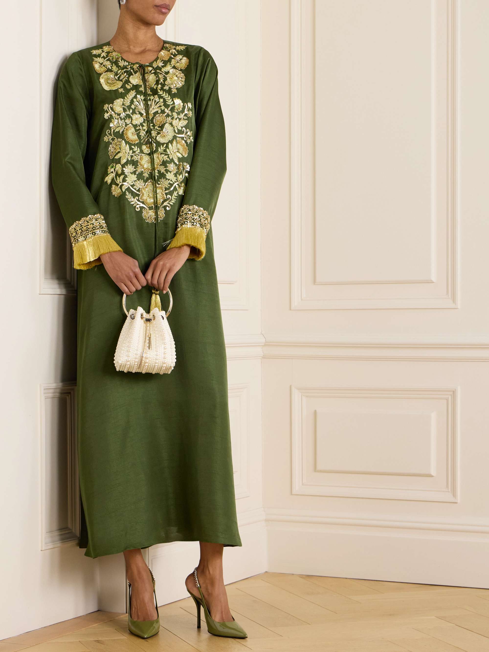 Fringed embellished embroidered silk-blend gown view