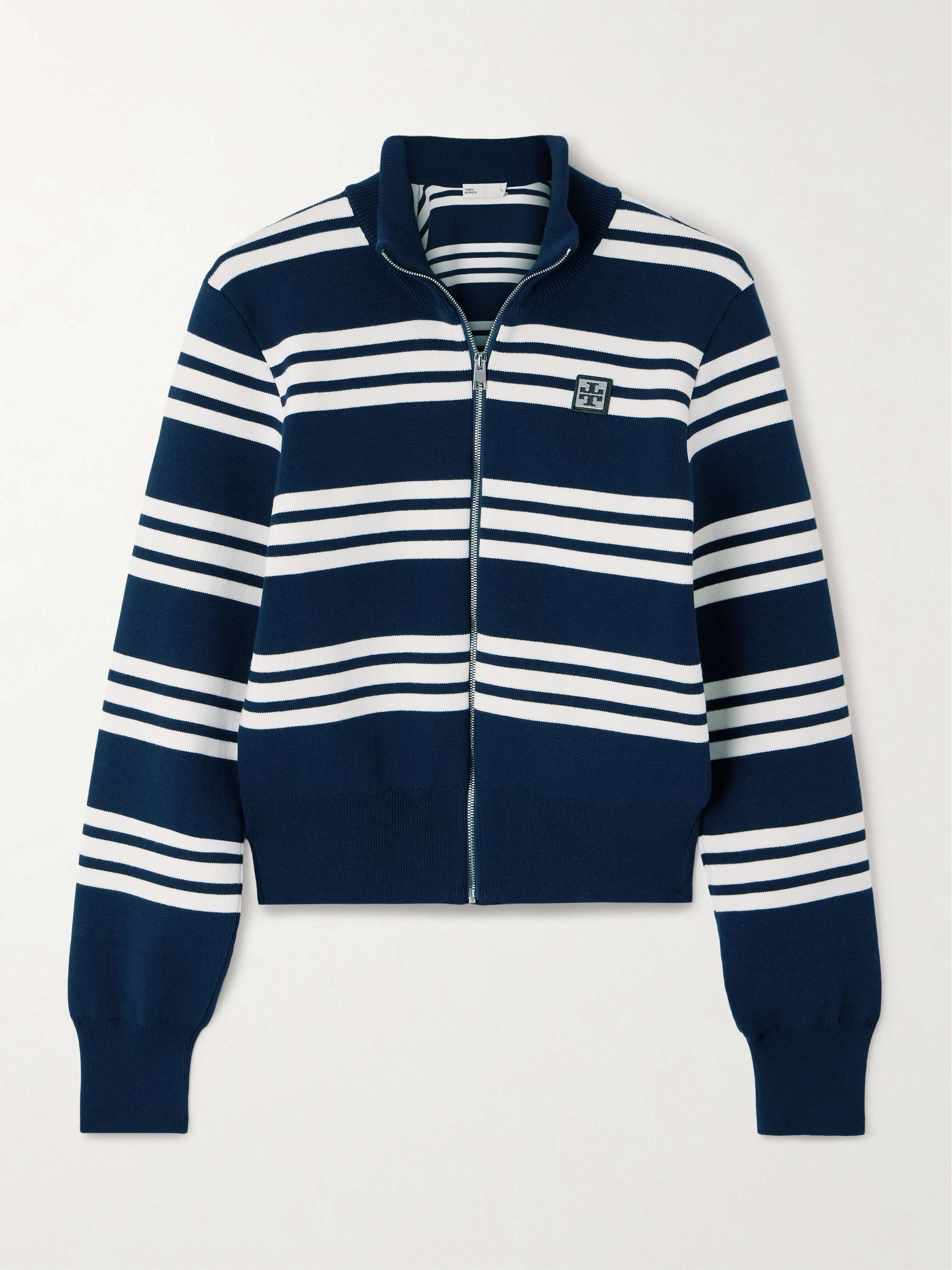 Appliquéd striped ribbed-knit cardigan view