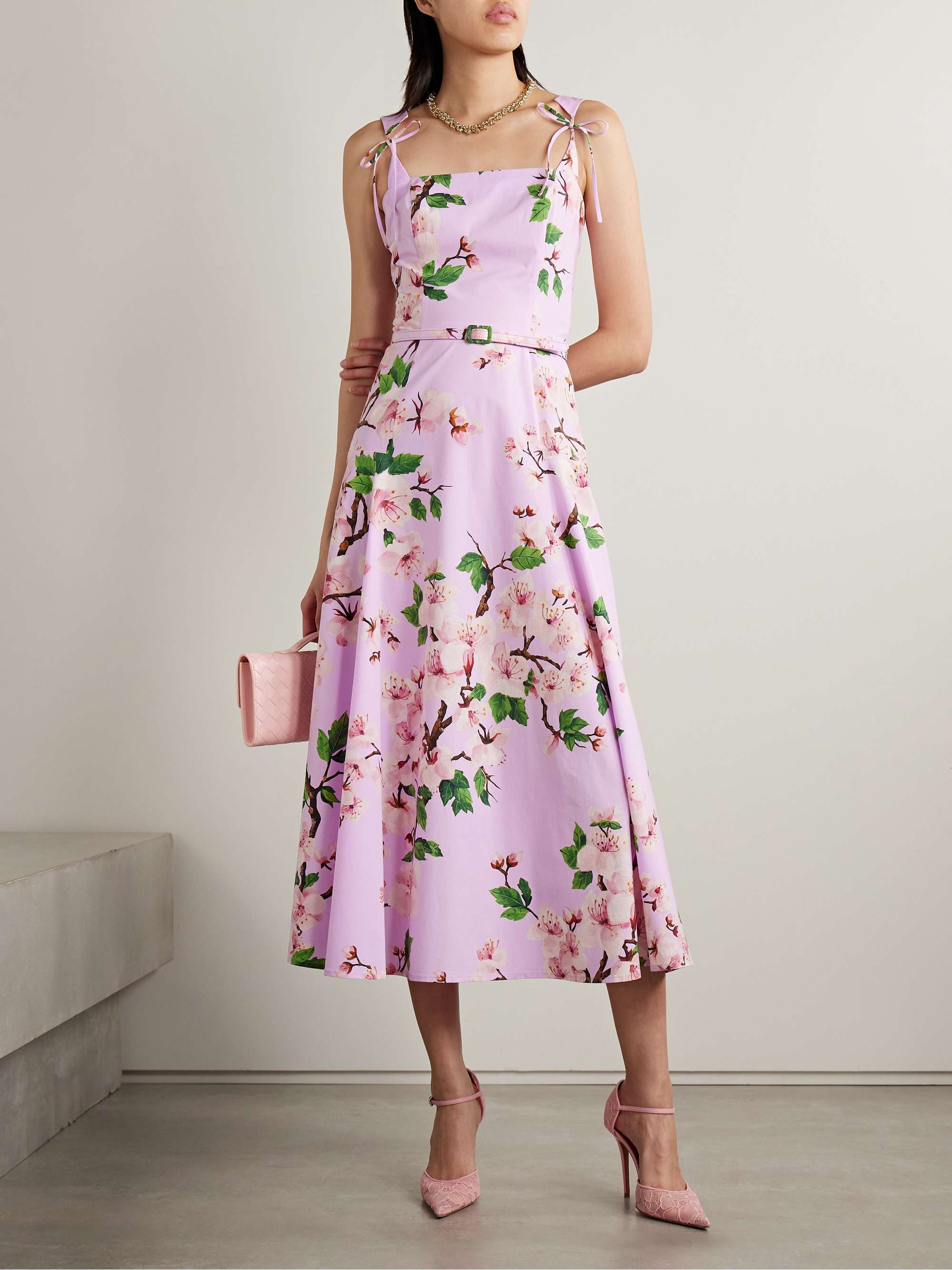 Belted bow-detailed floral-print stretch-cotton poplin midi dress view