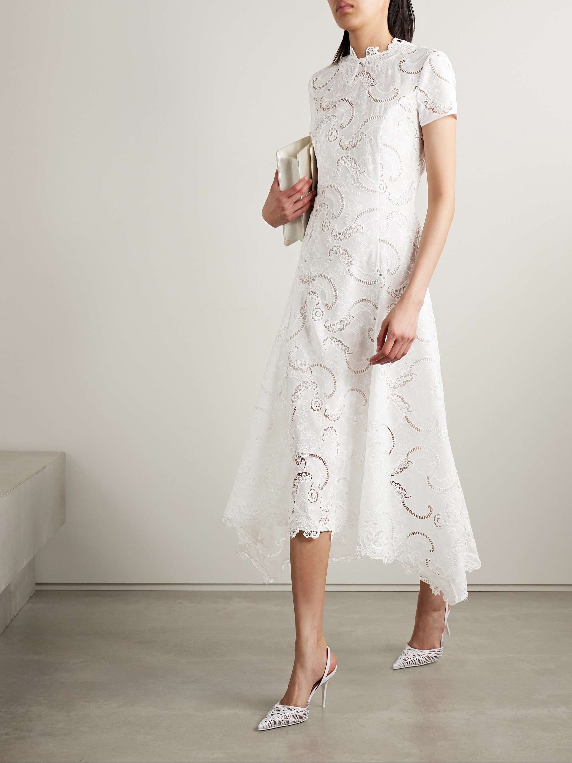 Scroll asymmetric guipure lace midi dress view