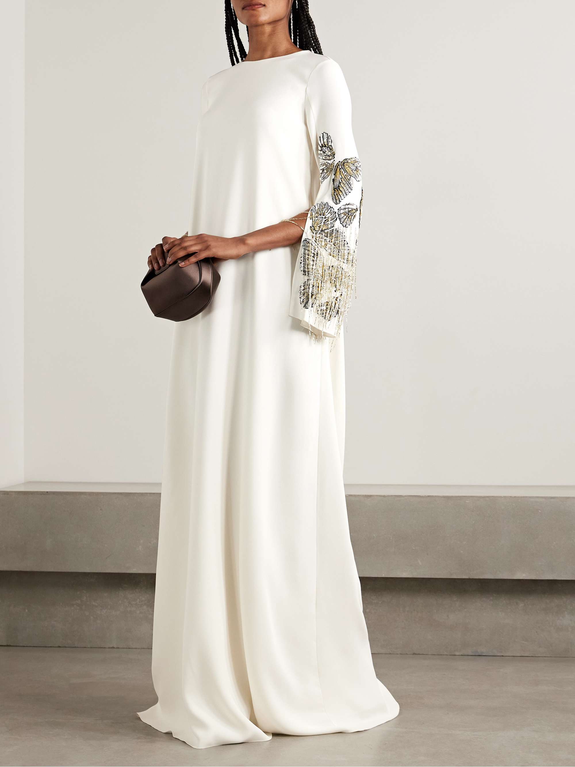 Embroidered embellished silk-blend crepe gown view