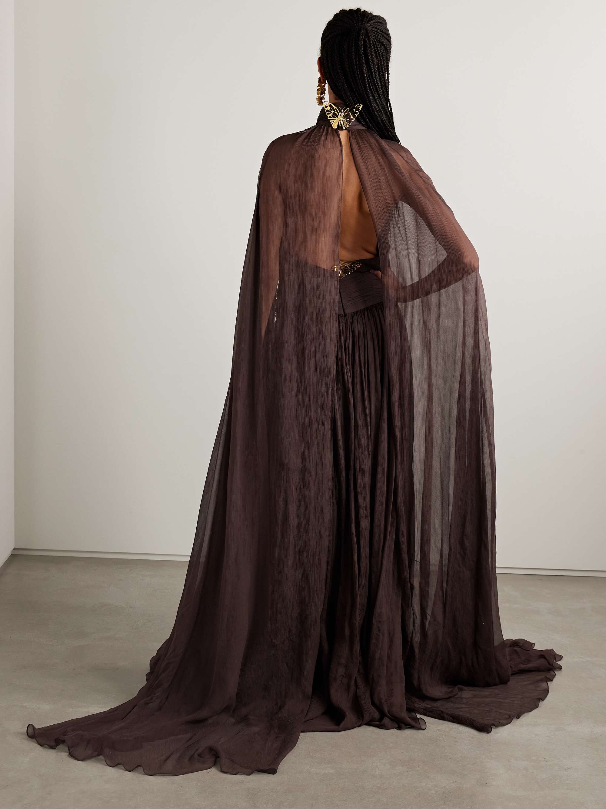 Embellished cape-effect gathered silk-crepon gown view