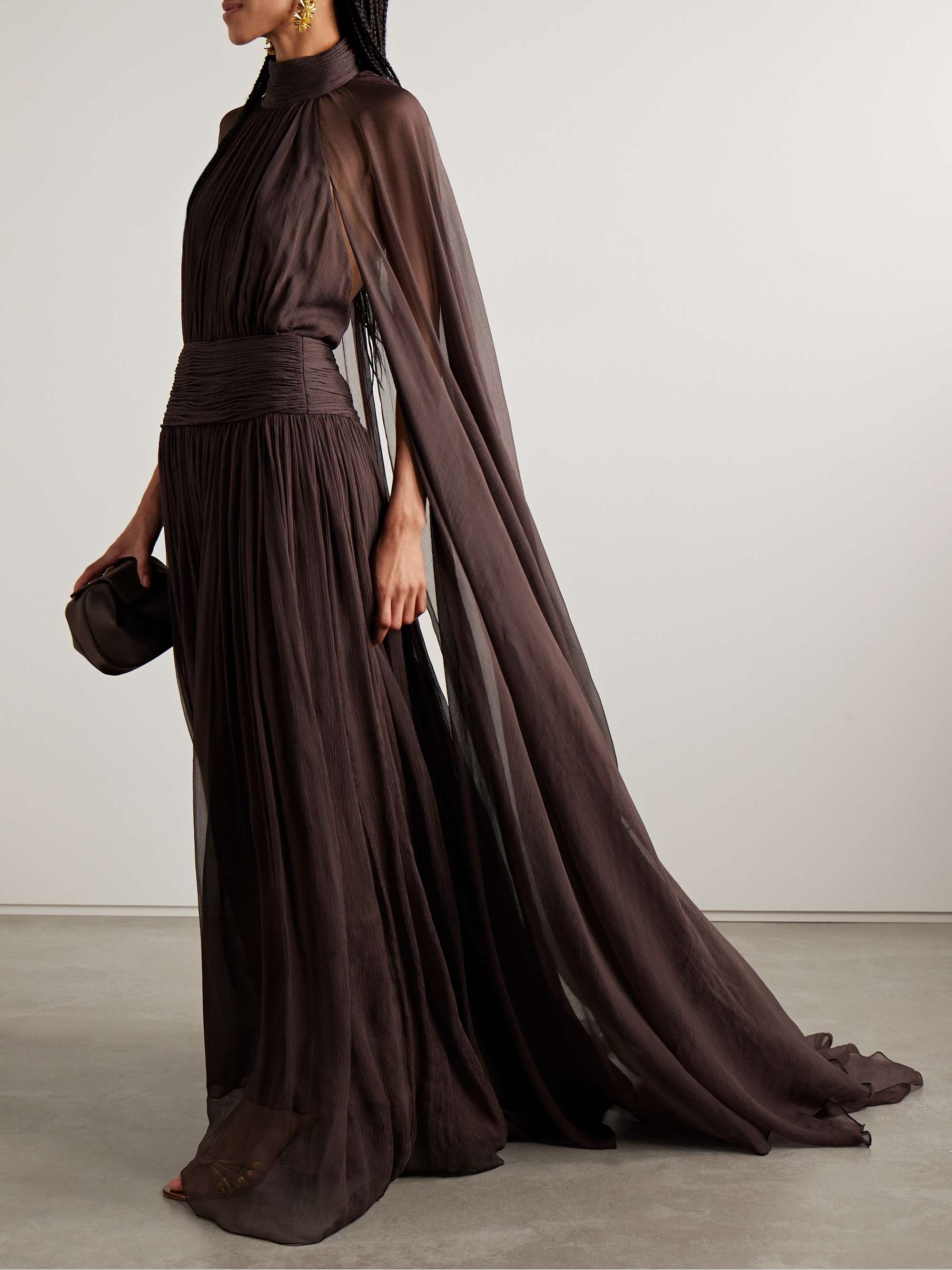 Embellished cape-effect gathered silk-crepon gown view