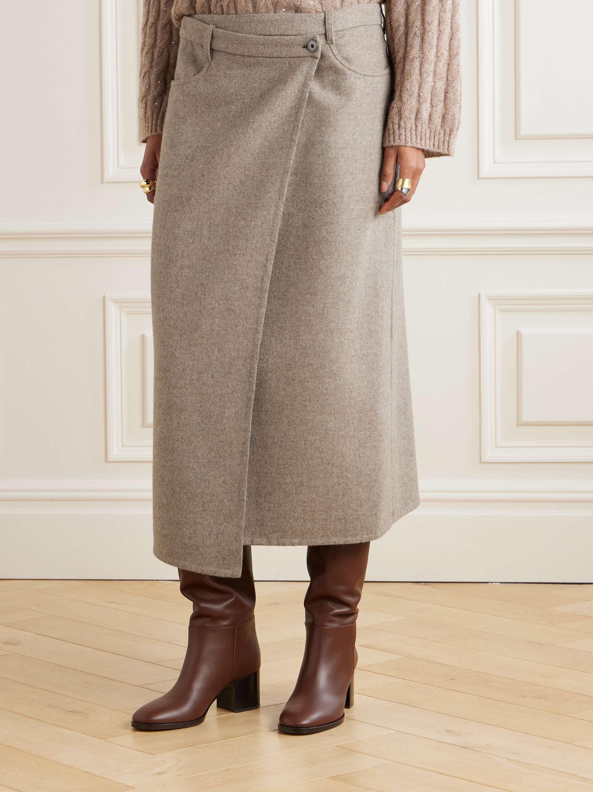 Asymmetric brushed-wool midi wrap skirt view