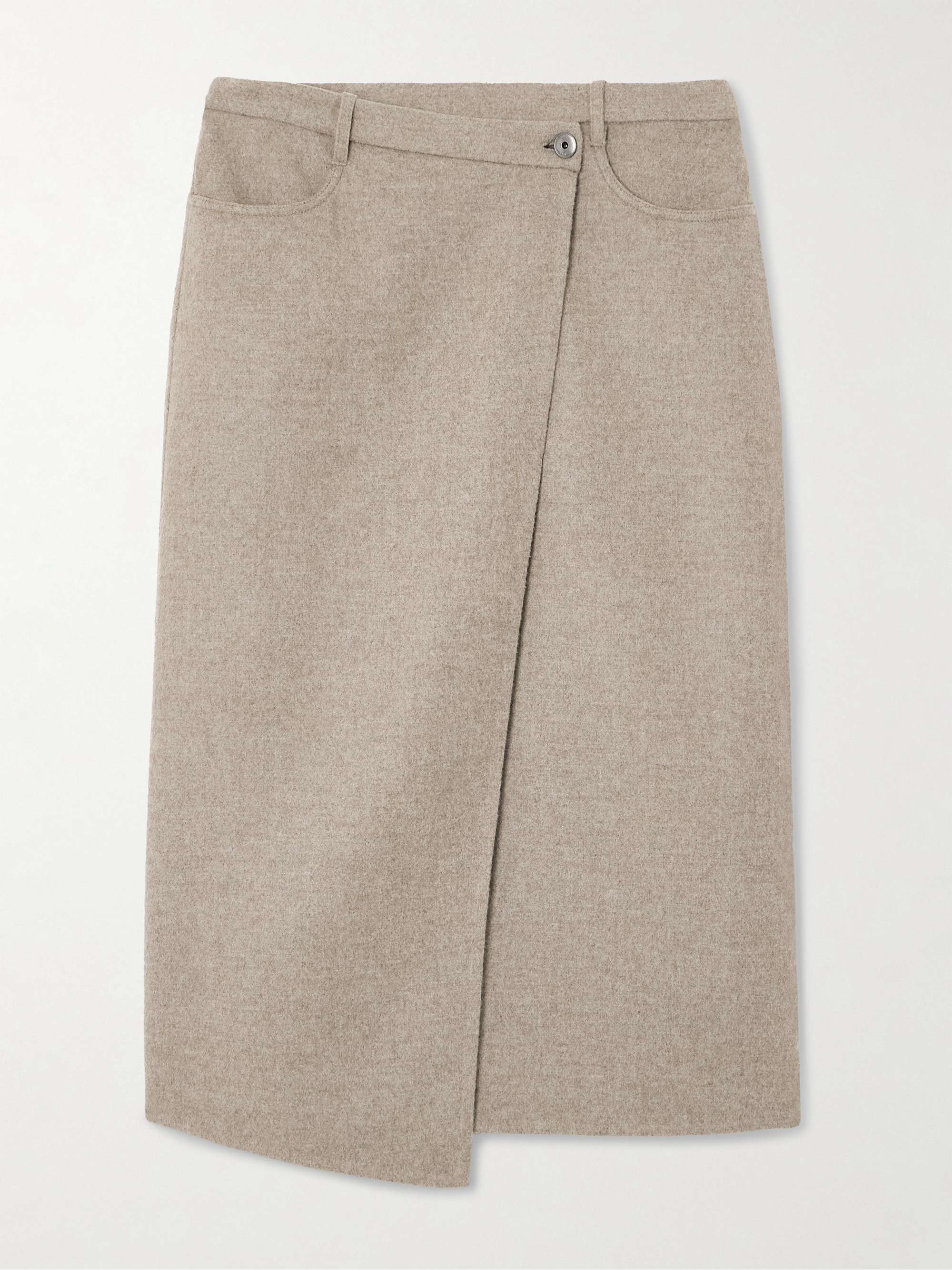 Asymmetric brushed-wool midi wrap skirt view