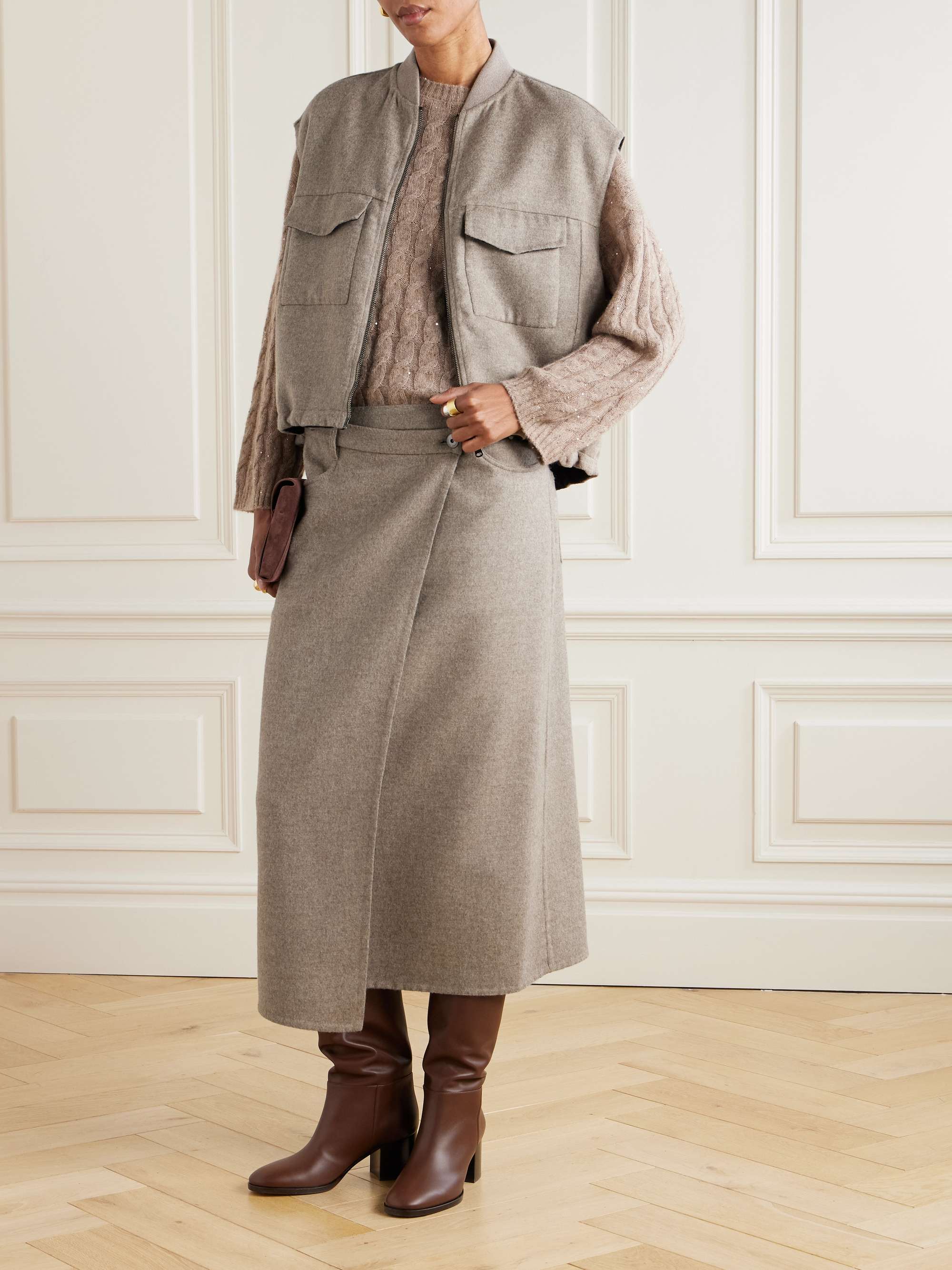 Asymmetric brushed-wool midi wrap skirt view