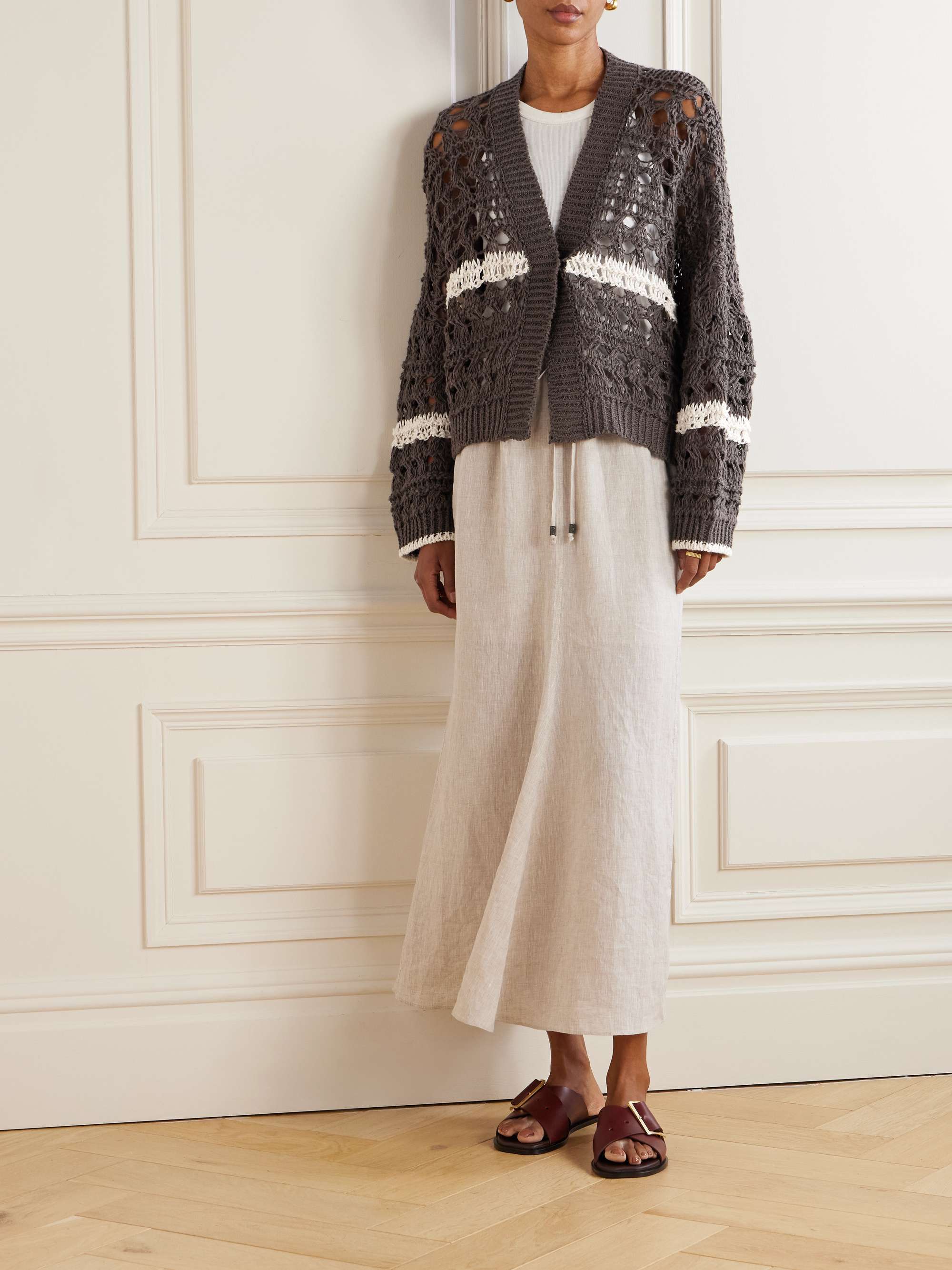 Striped crocheted jute-blend cardigan view