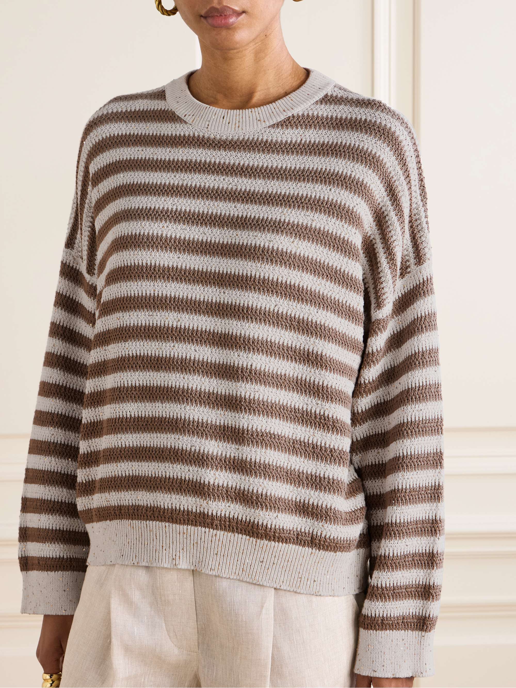 Sequin-embellished striped cotton-blend sweater view