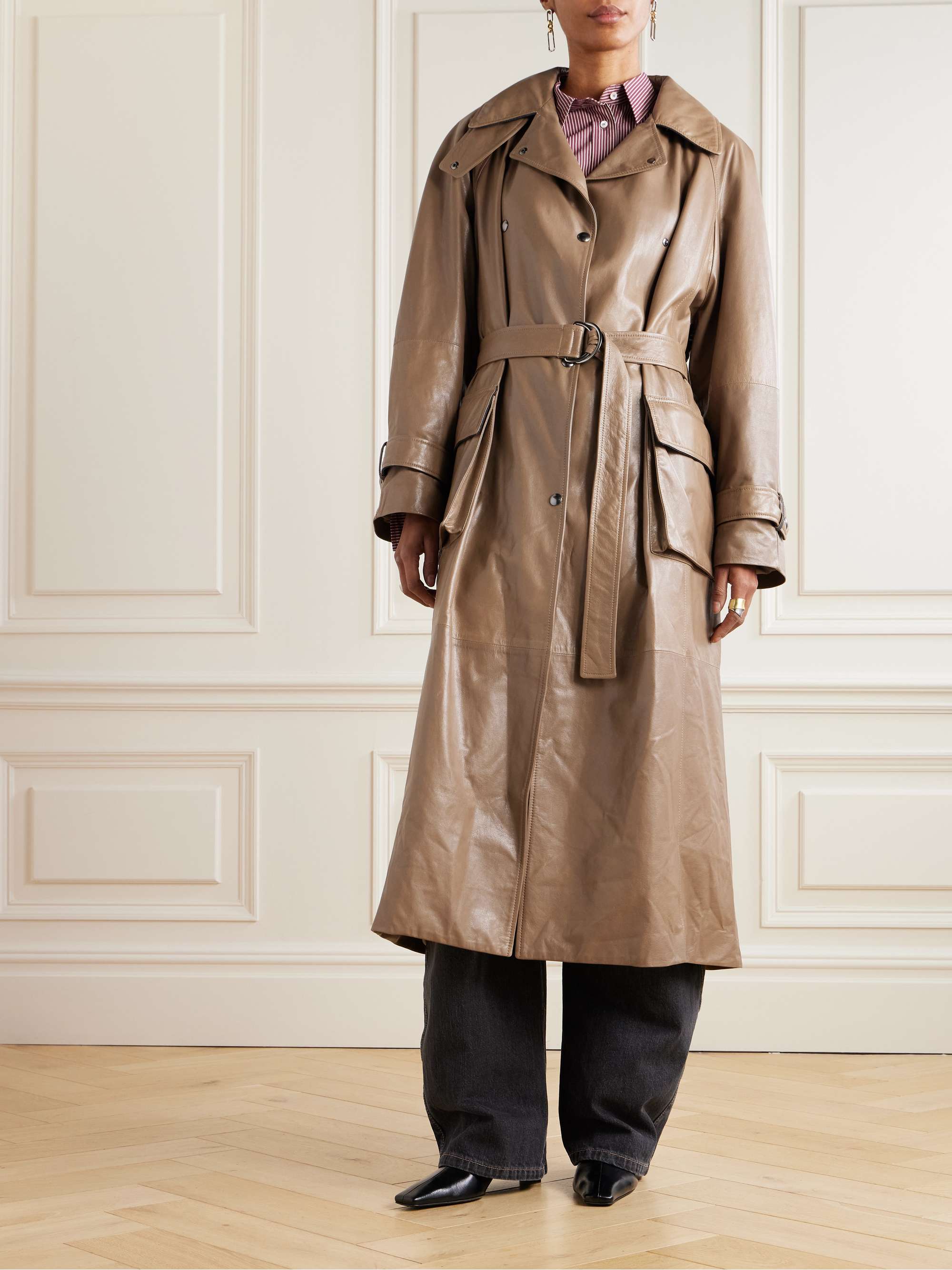 Bead-embellished belted double-breasted leather trench coat view