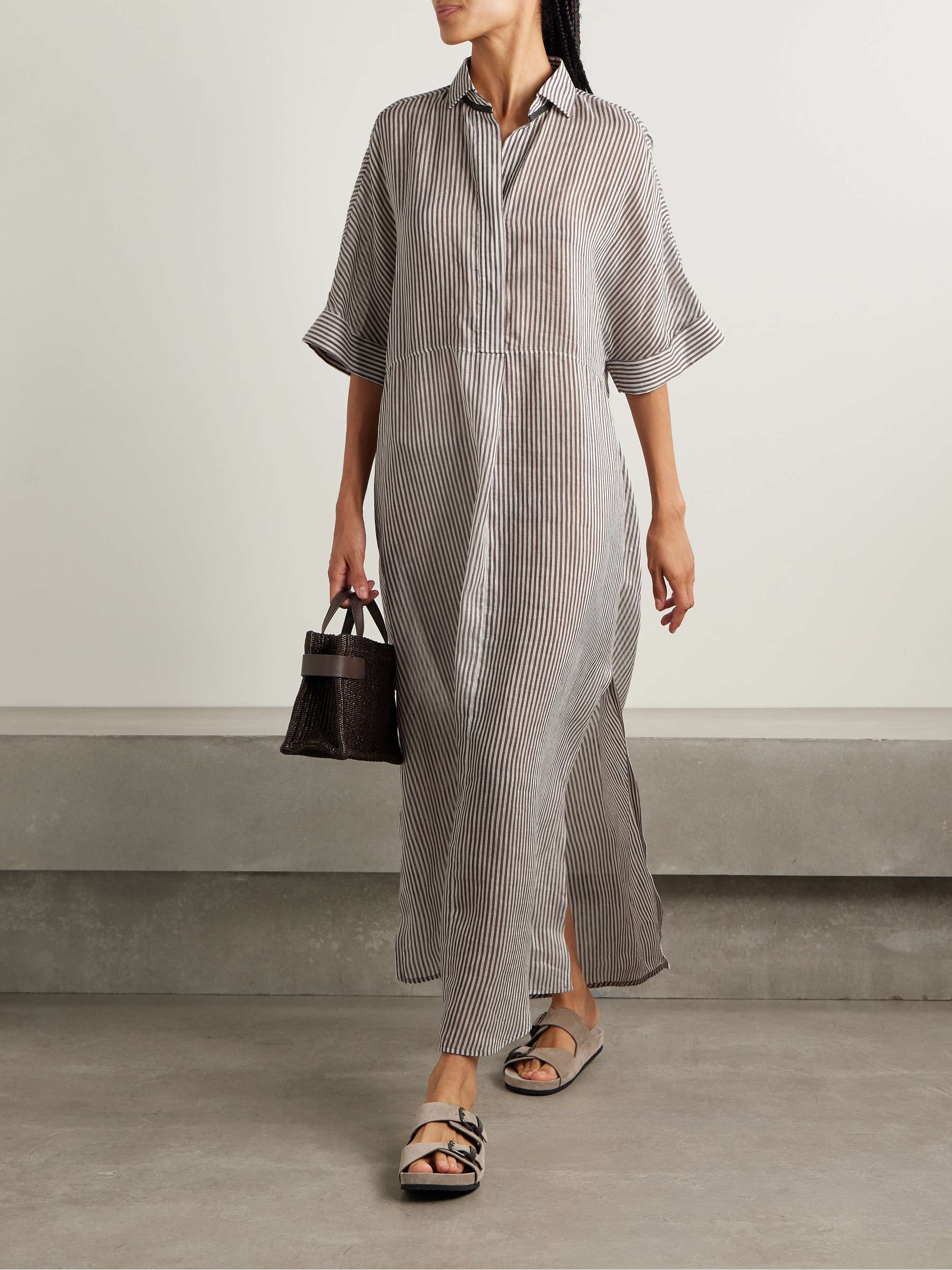 Oversized bead-embellished striped linen and silk-blend organza maxi shirt dress view