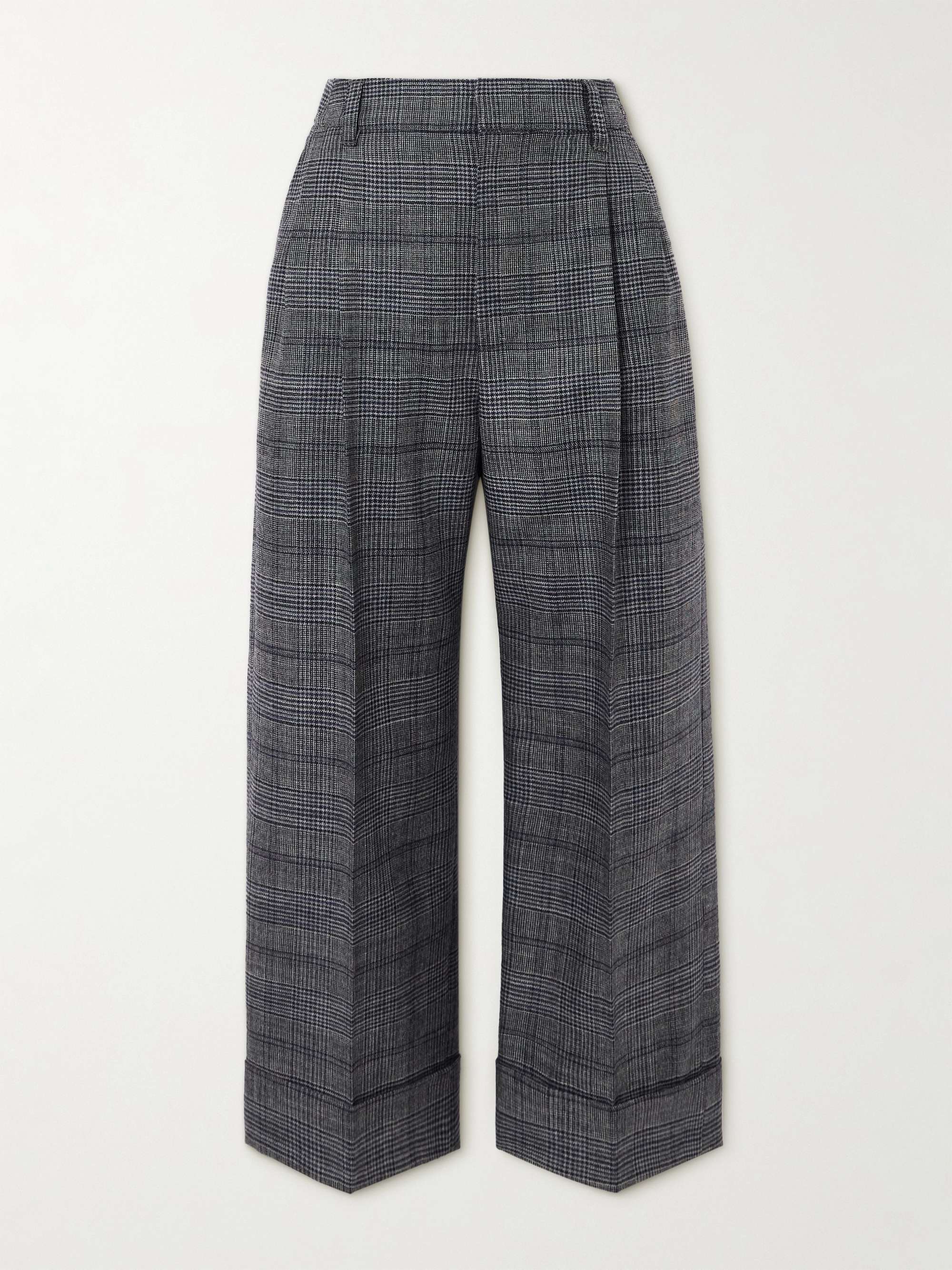 Cropped bead-embellished pleated Prince of Wales checked wool wide-leg pants view