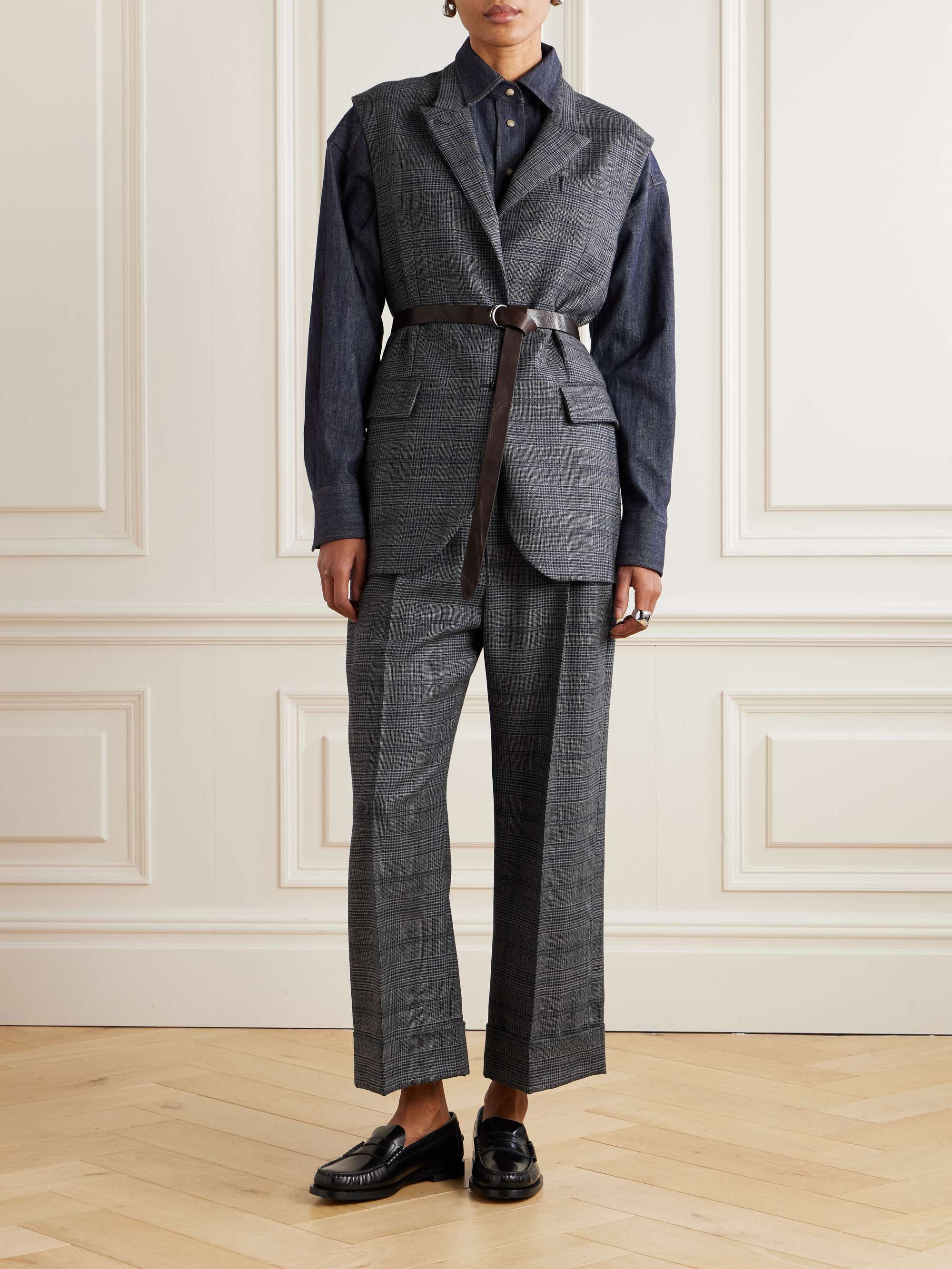 Cropped bead-embellished pleated Prince of Wales checked wool wide-leg pants view