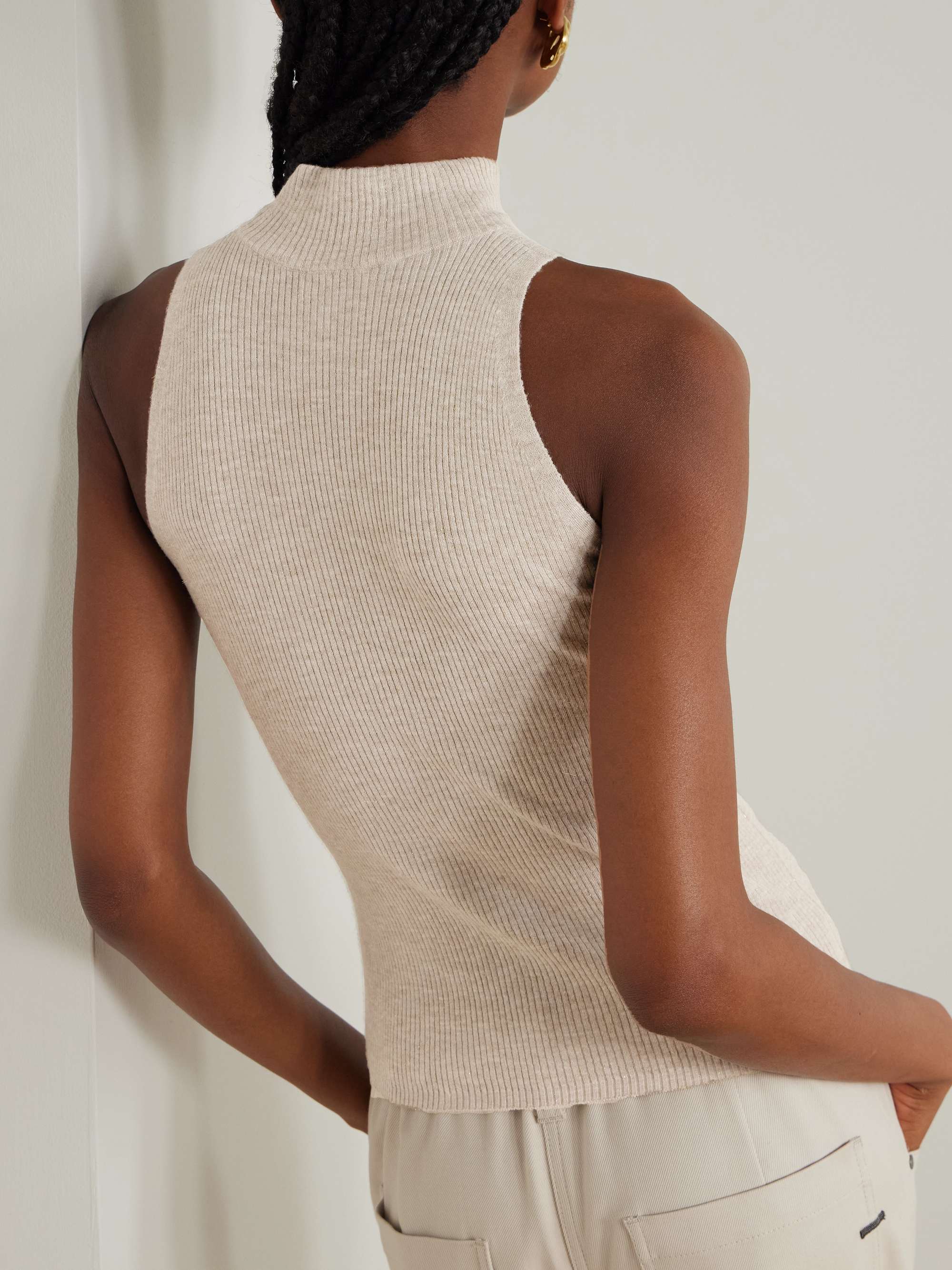 Metallic ribbed-knit turtleneck tank view