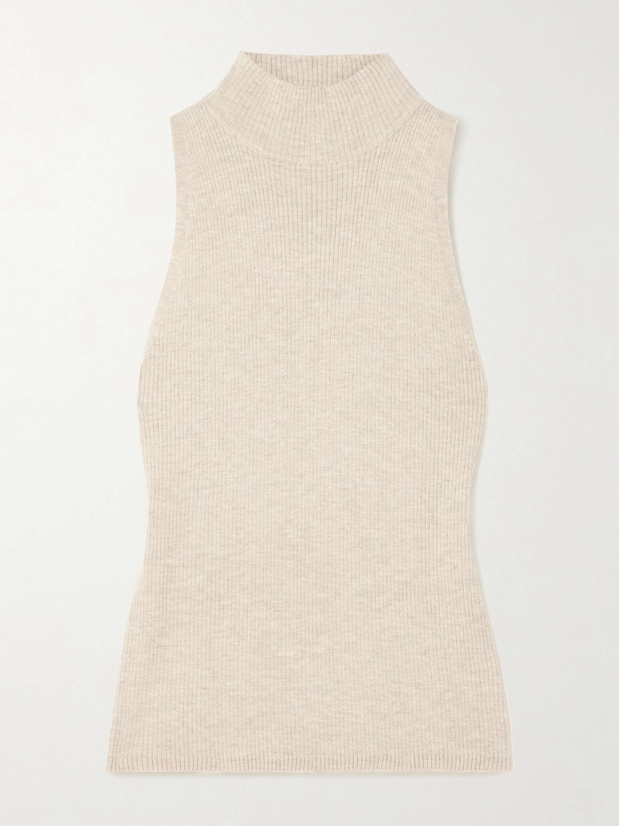 Metallic ribbed-knit turtleneck tank view