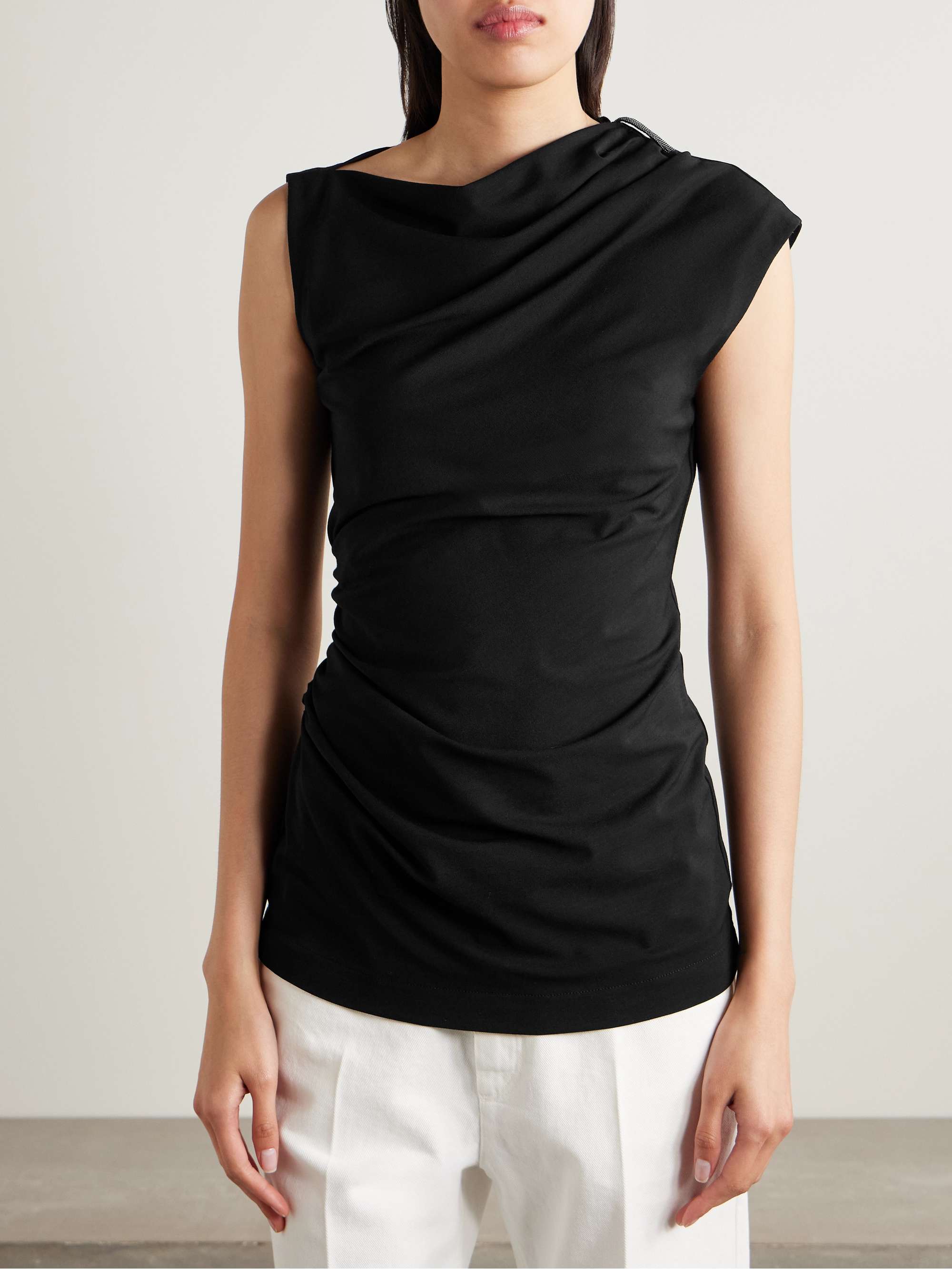 Bead-embellished ruched stretch-jersey top view