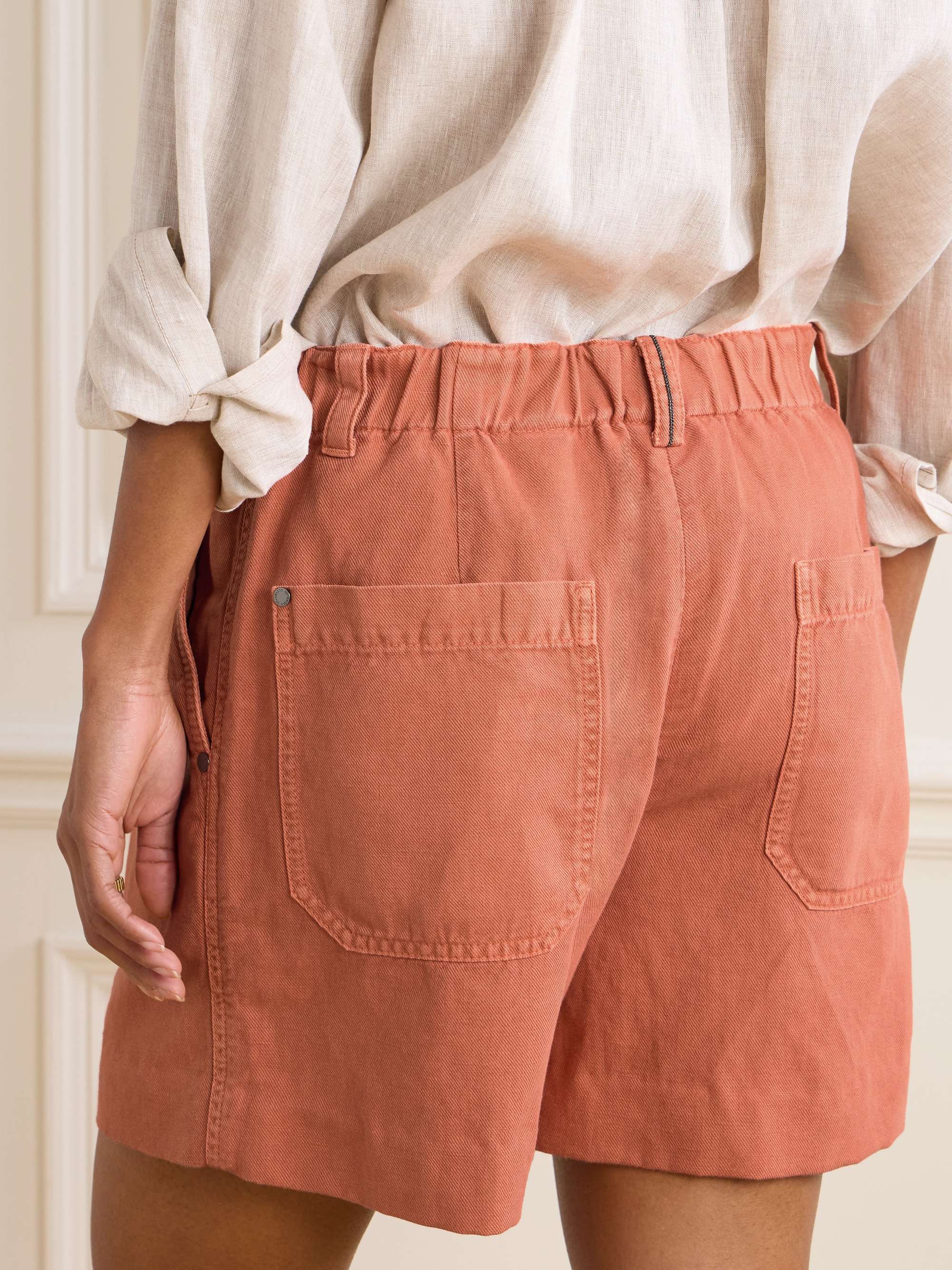 Bead-embellished pleated cotton and linen-blend twill shorts view