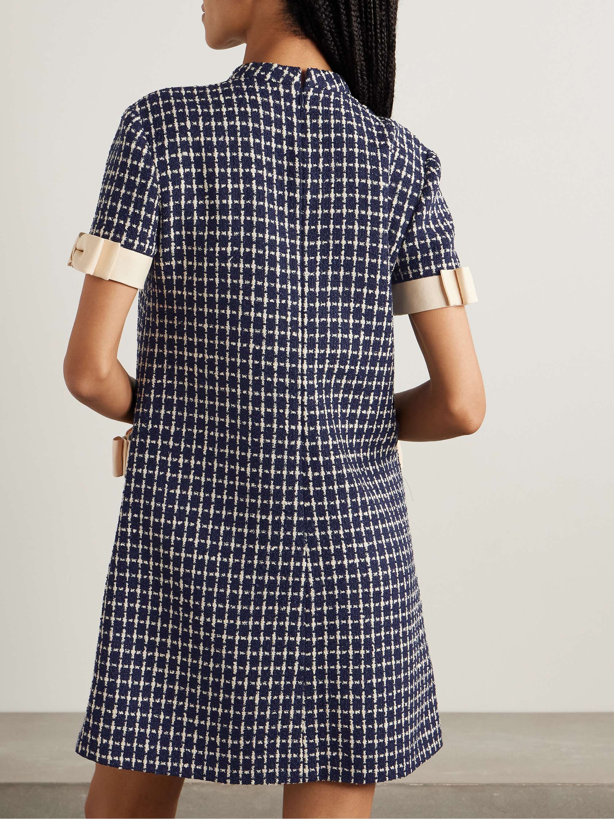 Bow-embellished checked wool-blend bouclé mini dress view