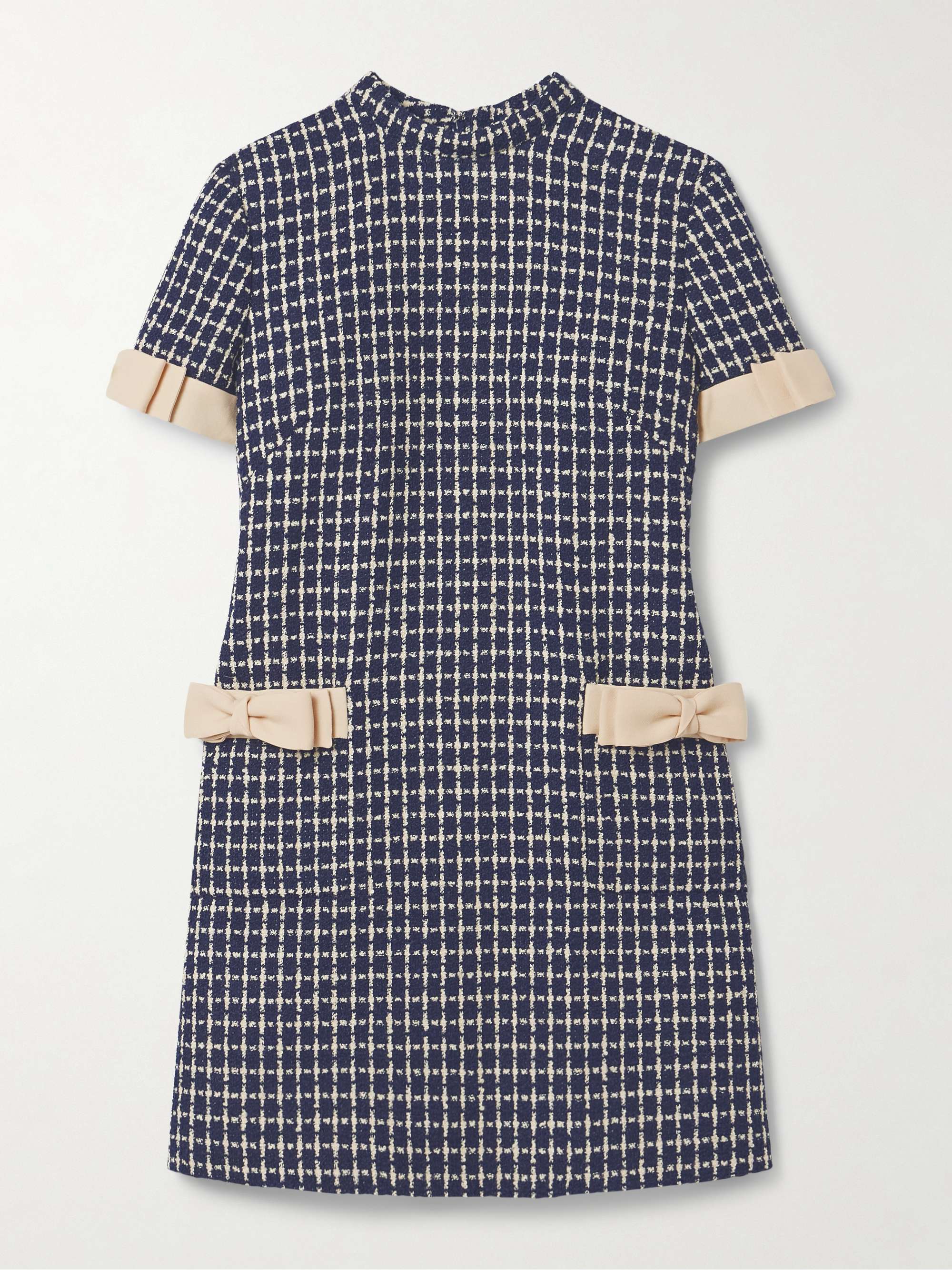 Bow-embellished checked wool-blend bouclé mini dress view