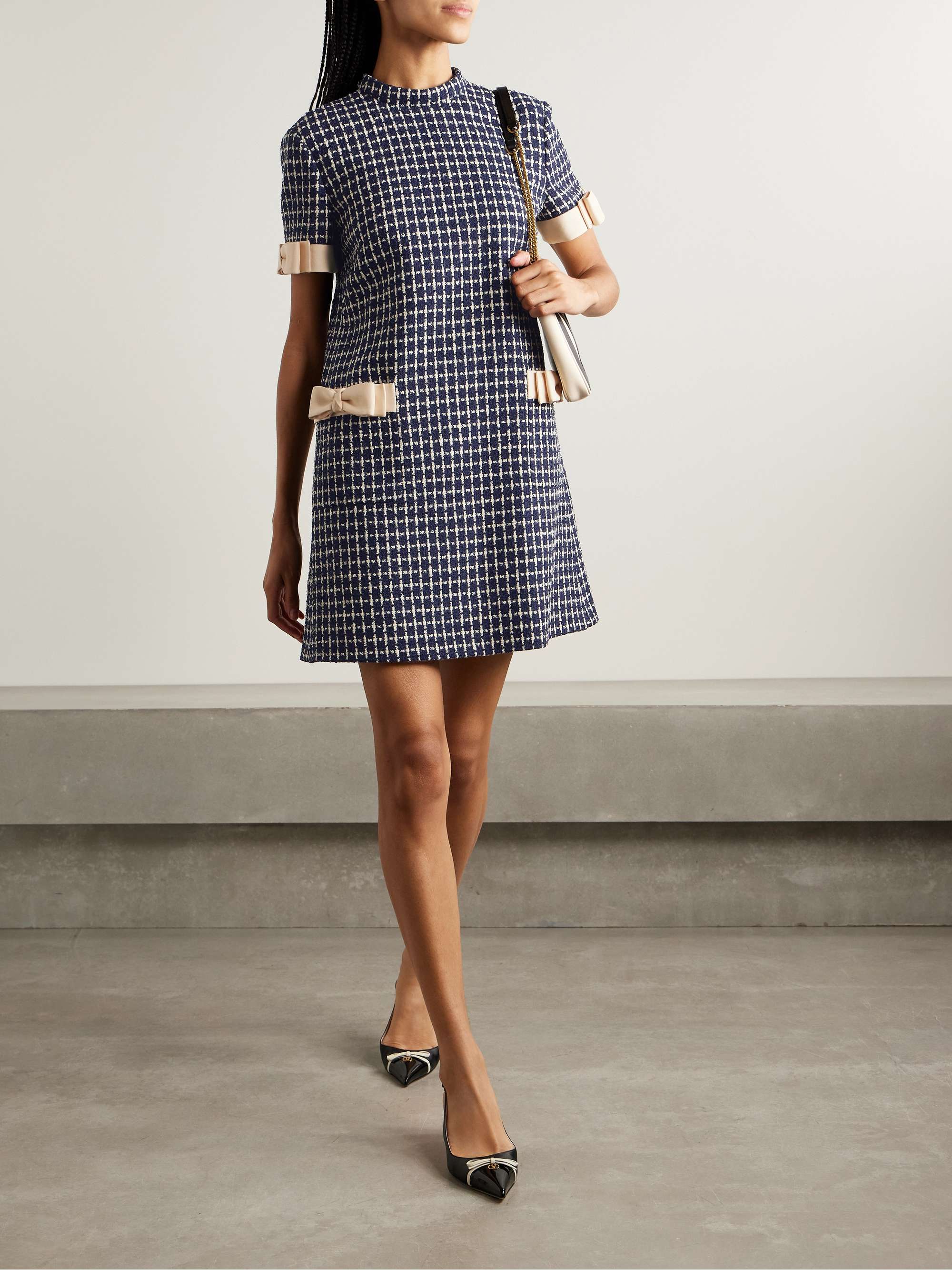 Bow-embellished checked wool-blend bouclé mini dress view