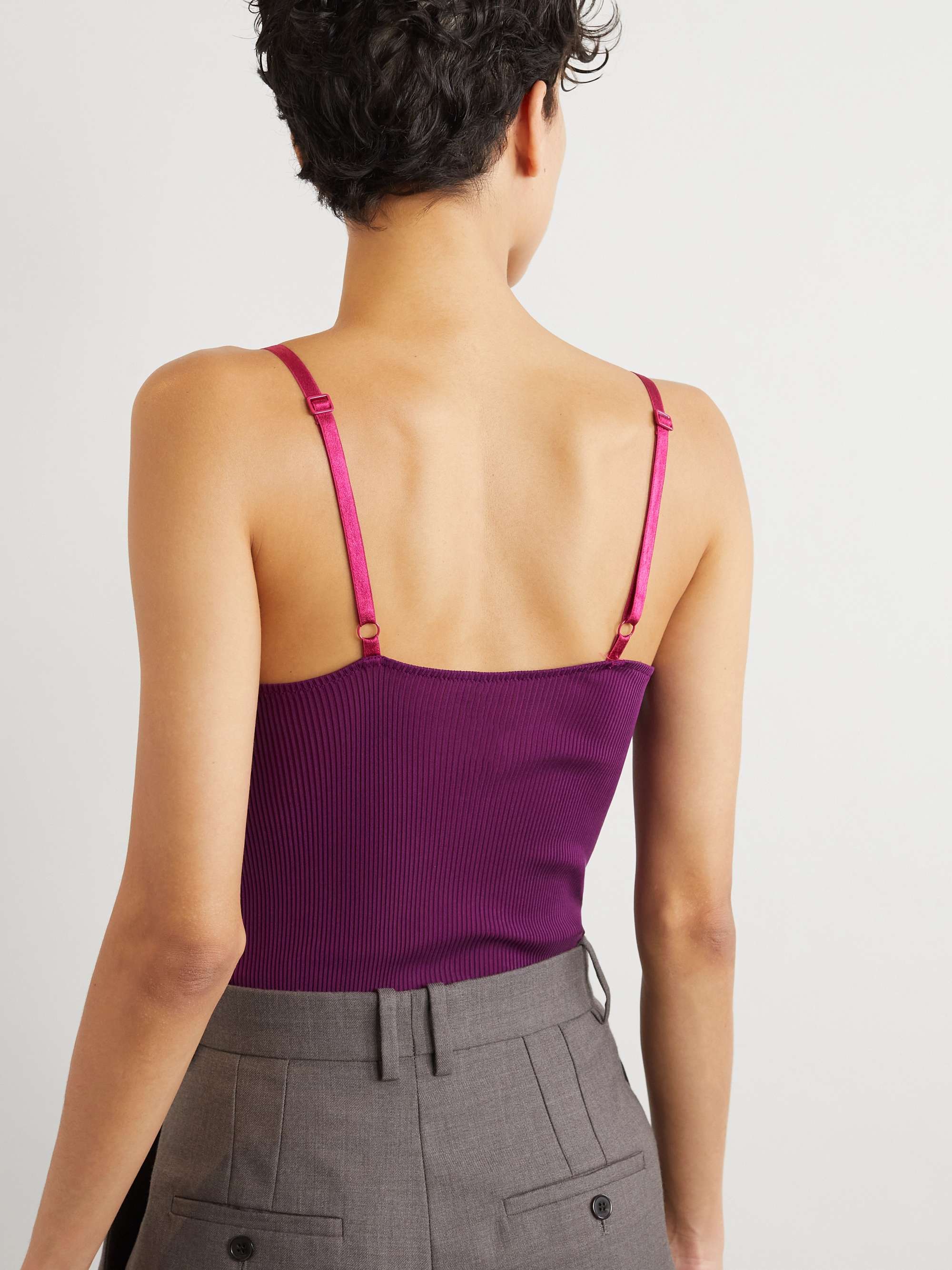 Lace-trimmed ribbed silk tank view