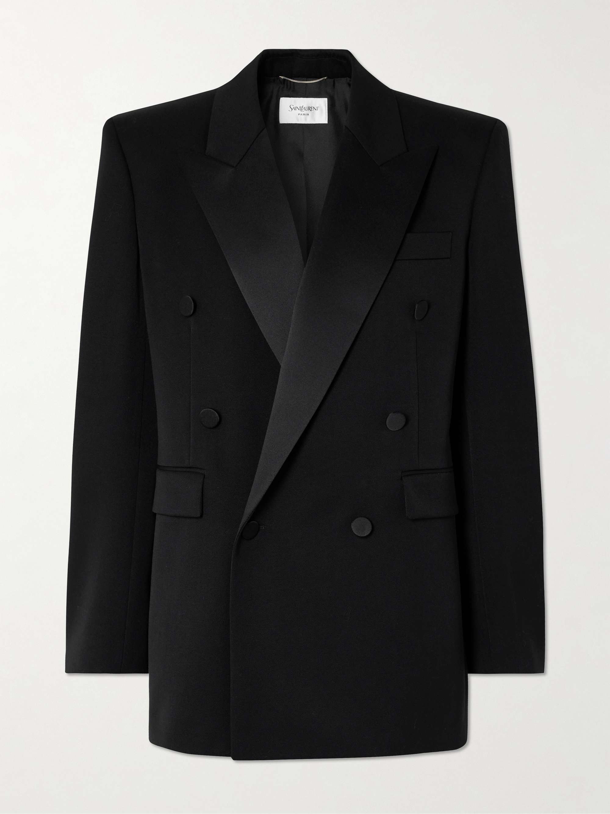 Double-breasted satin-trimmed wool blazer view