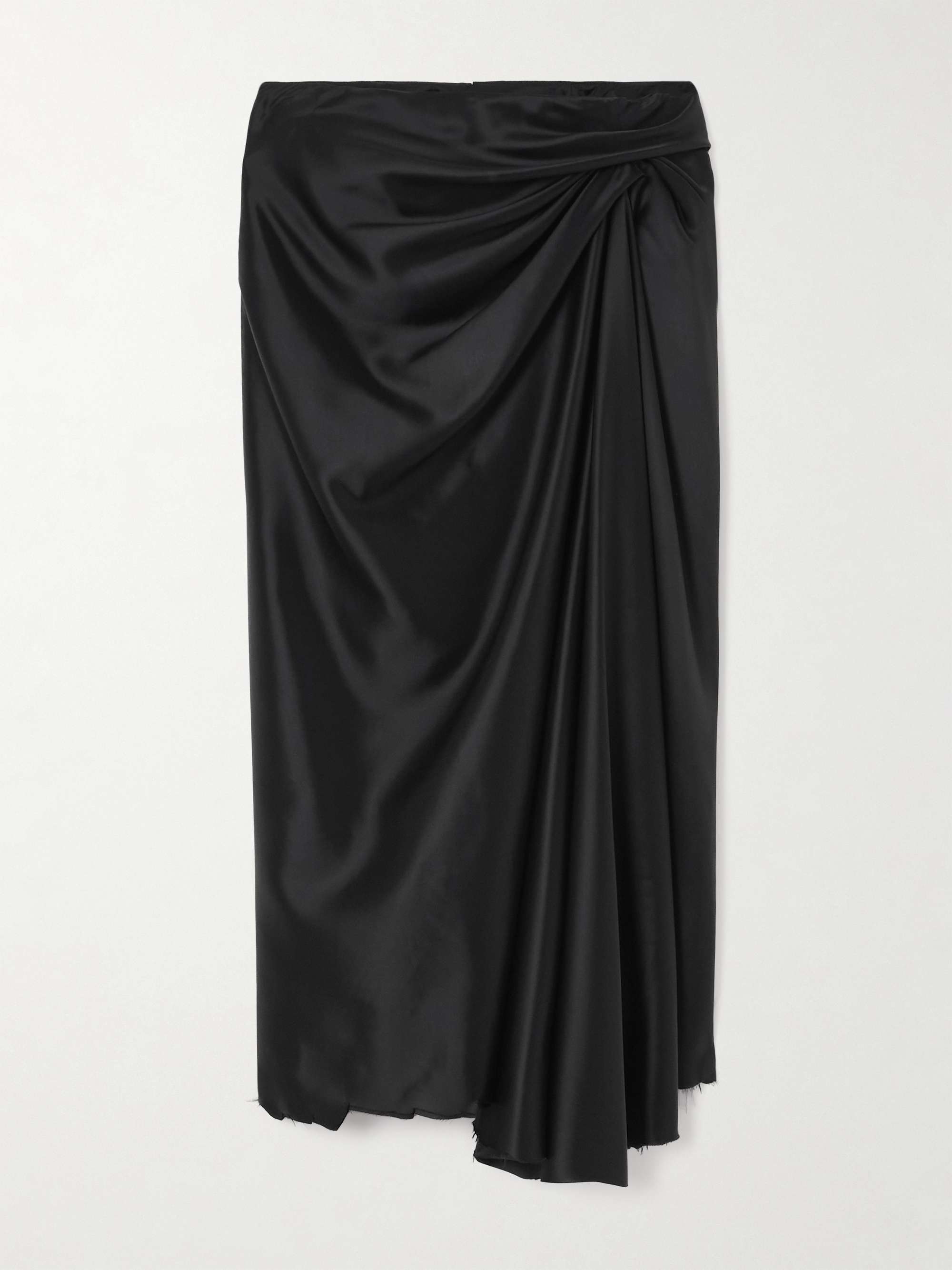 Asymmetric frayed gathered draped satin midi skirt view