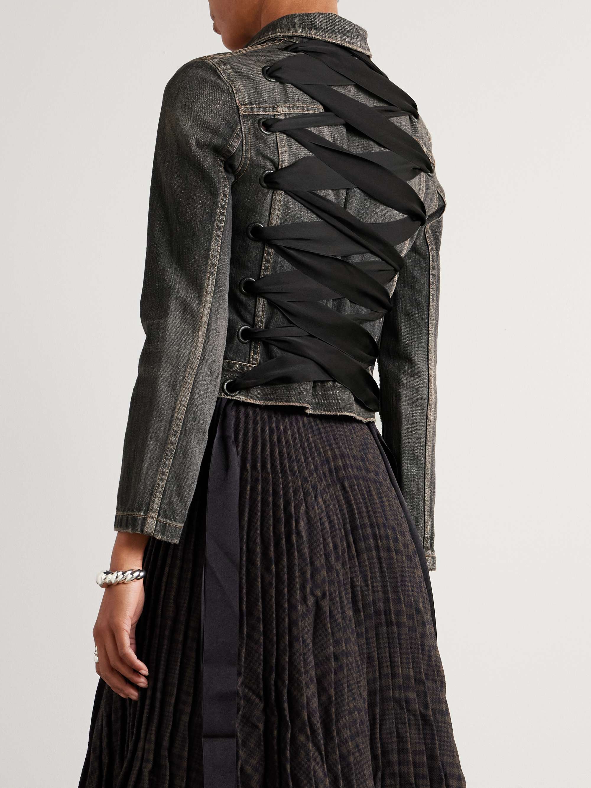 Lace-up satin-trimmed denim jacket view