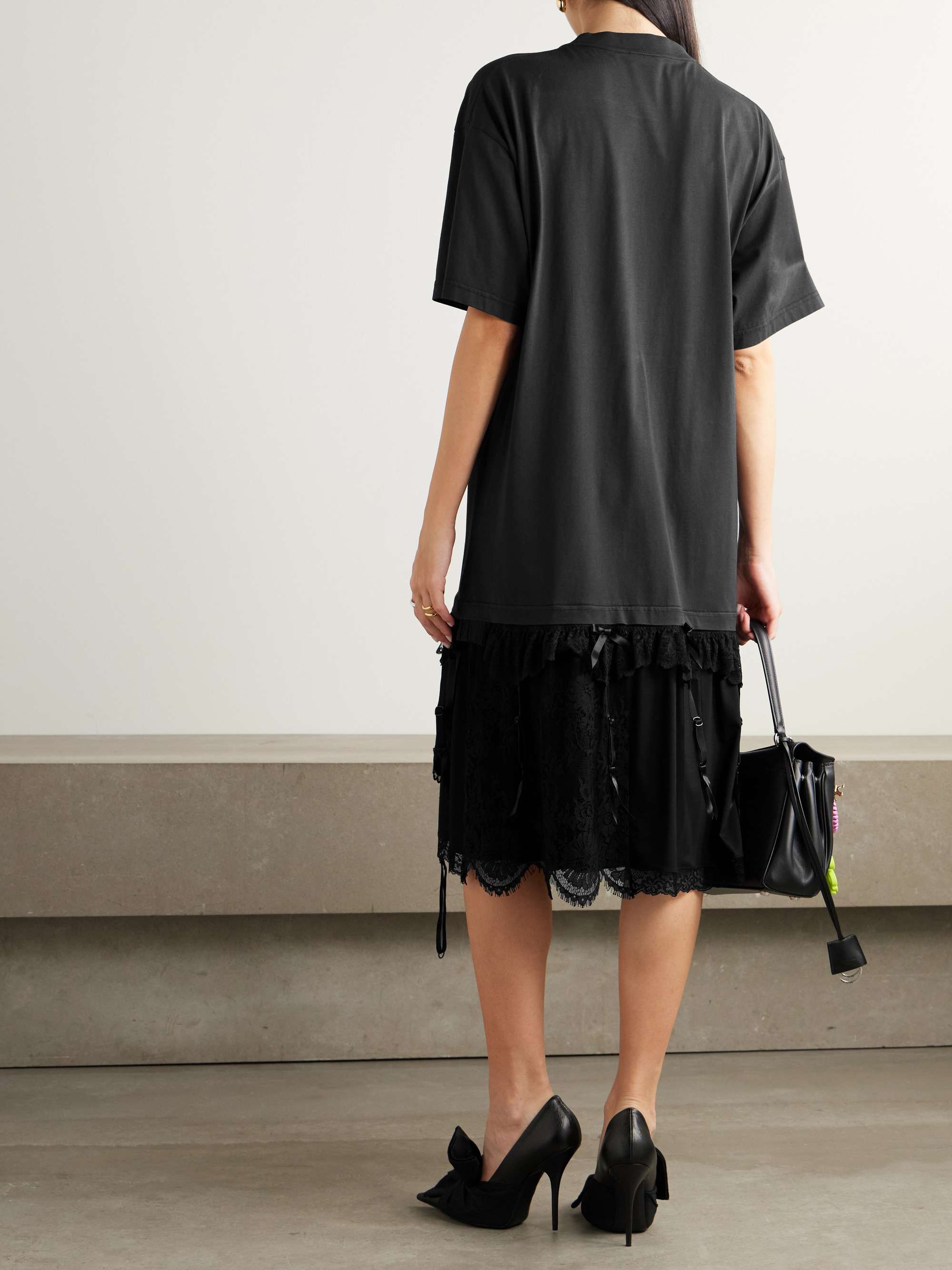 Layered lace-trimmed cotton-jersey and silk-satin mini dress view