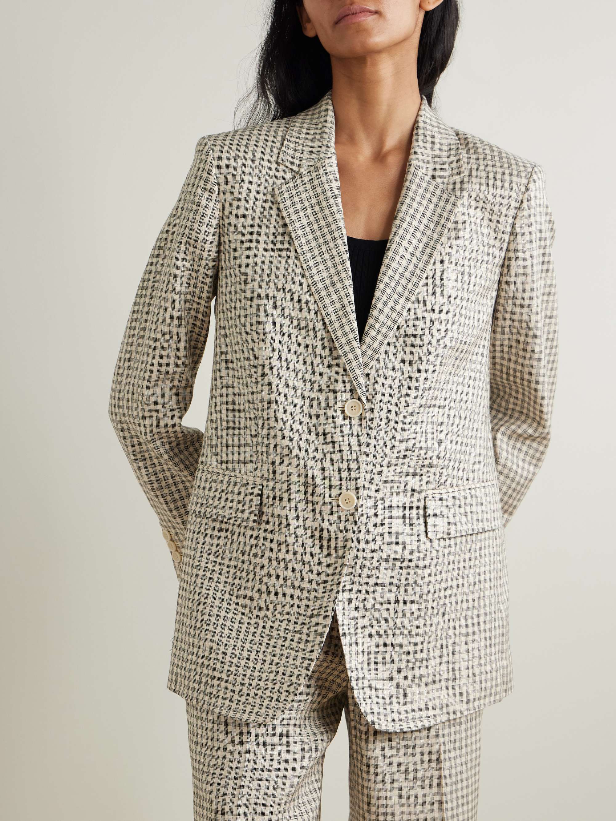 Checked linen-blend blazer view