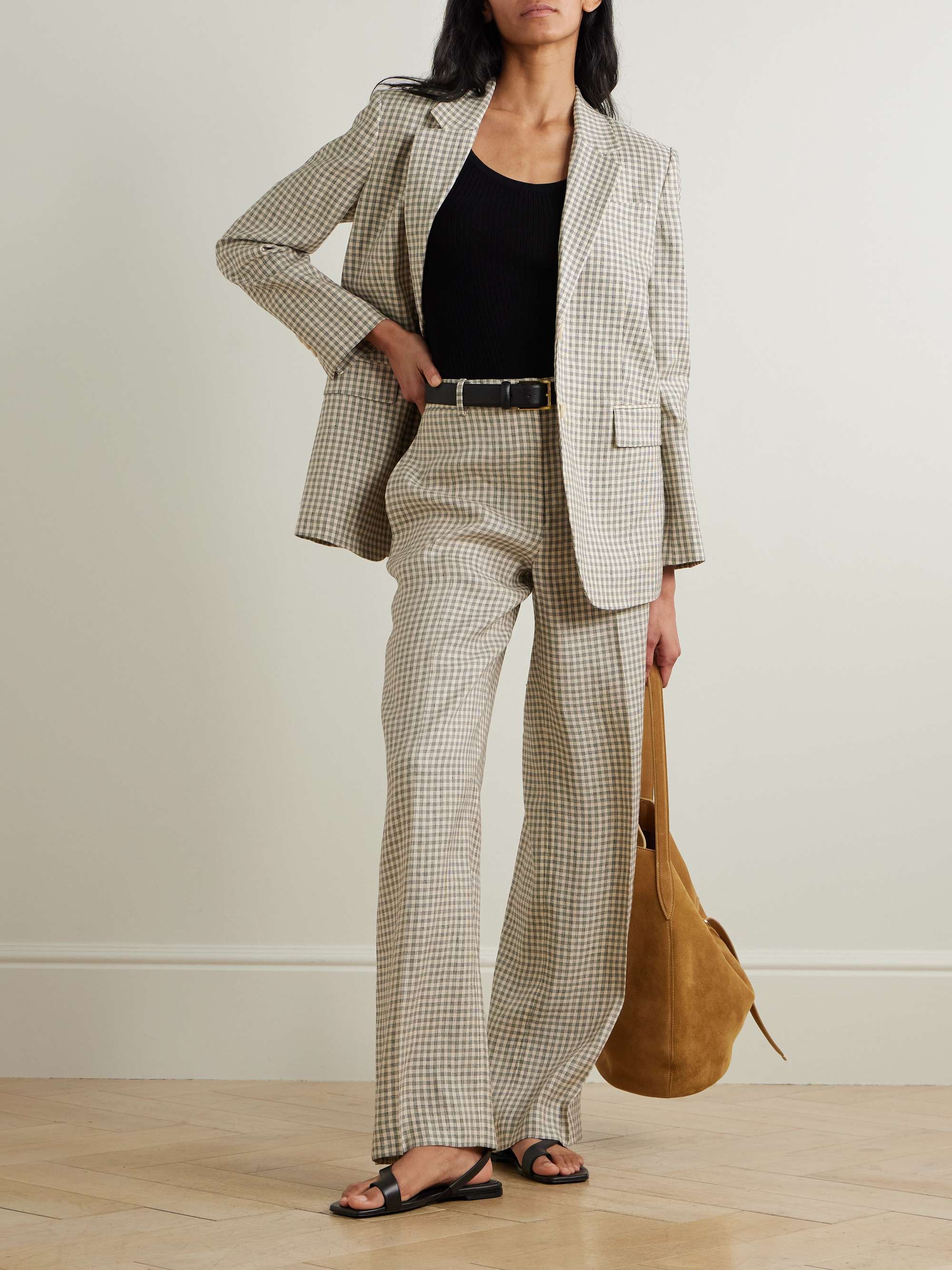 Checked linen-blend blazer view