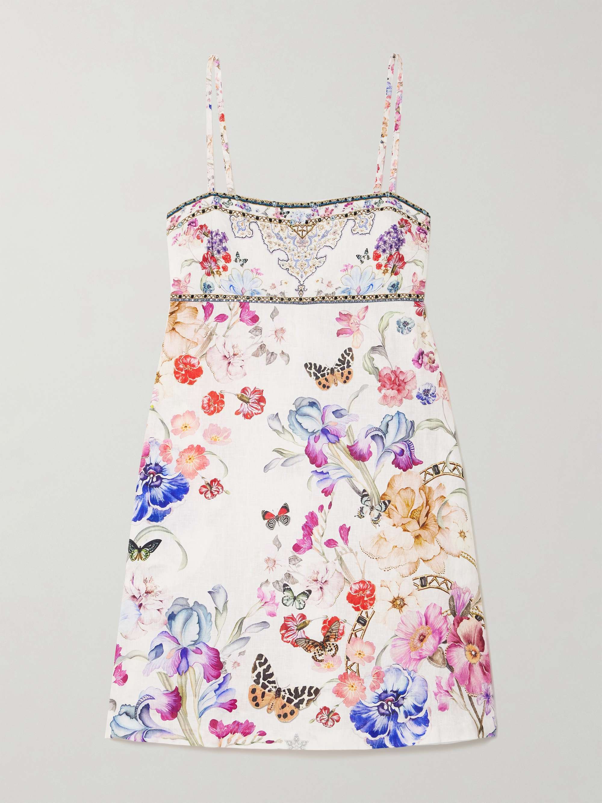 Embellished floral-print linen mini dress view